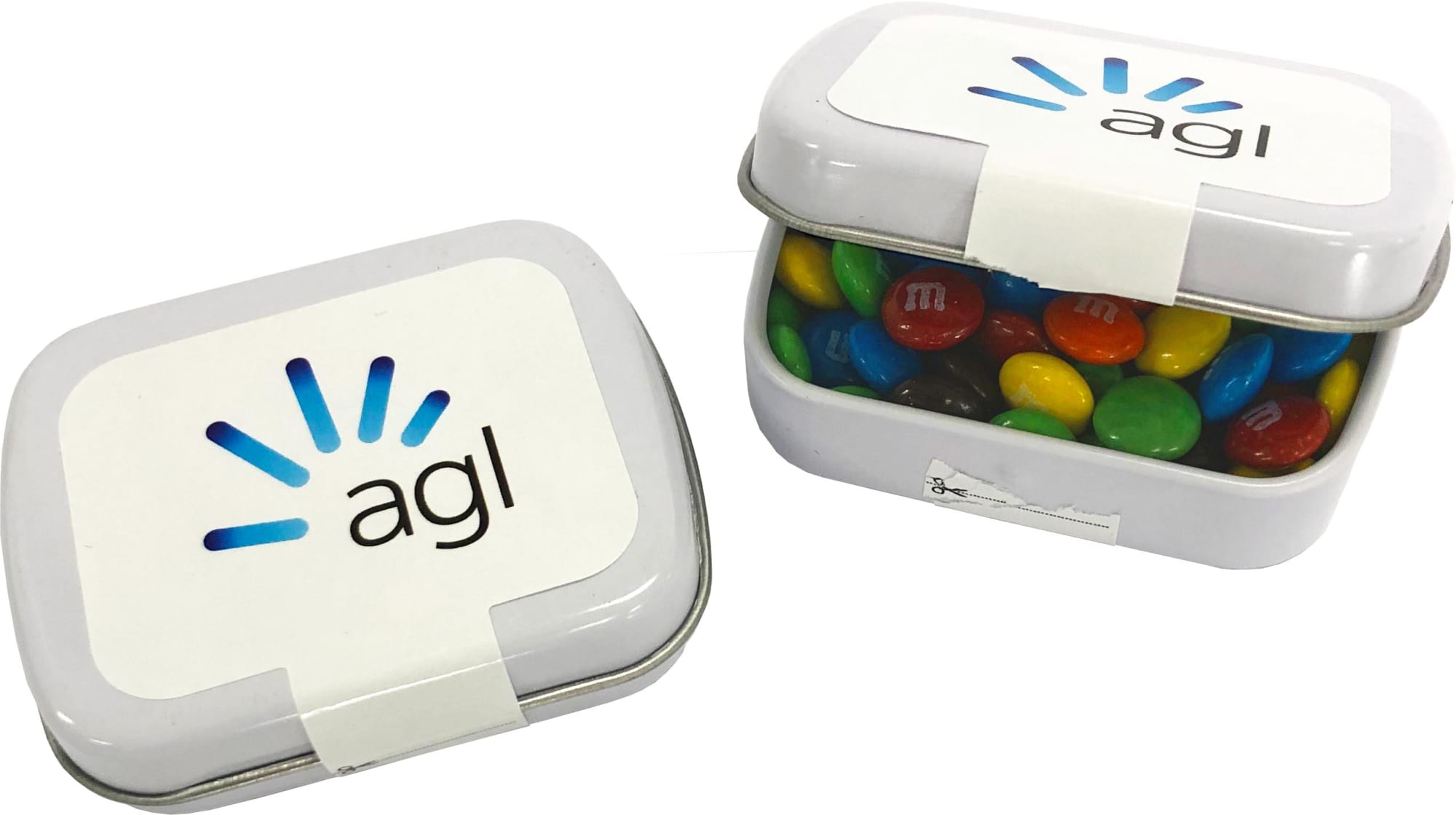 A small rectangular tin filled with M&Ms in various colours, featuring a logo on the lid. Small Rectangle Tin filled with Mini M&Ms 30g - Image 1