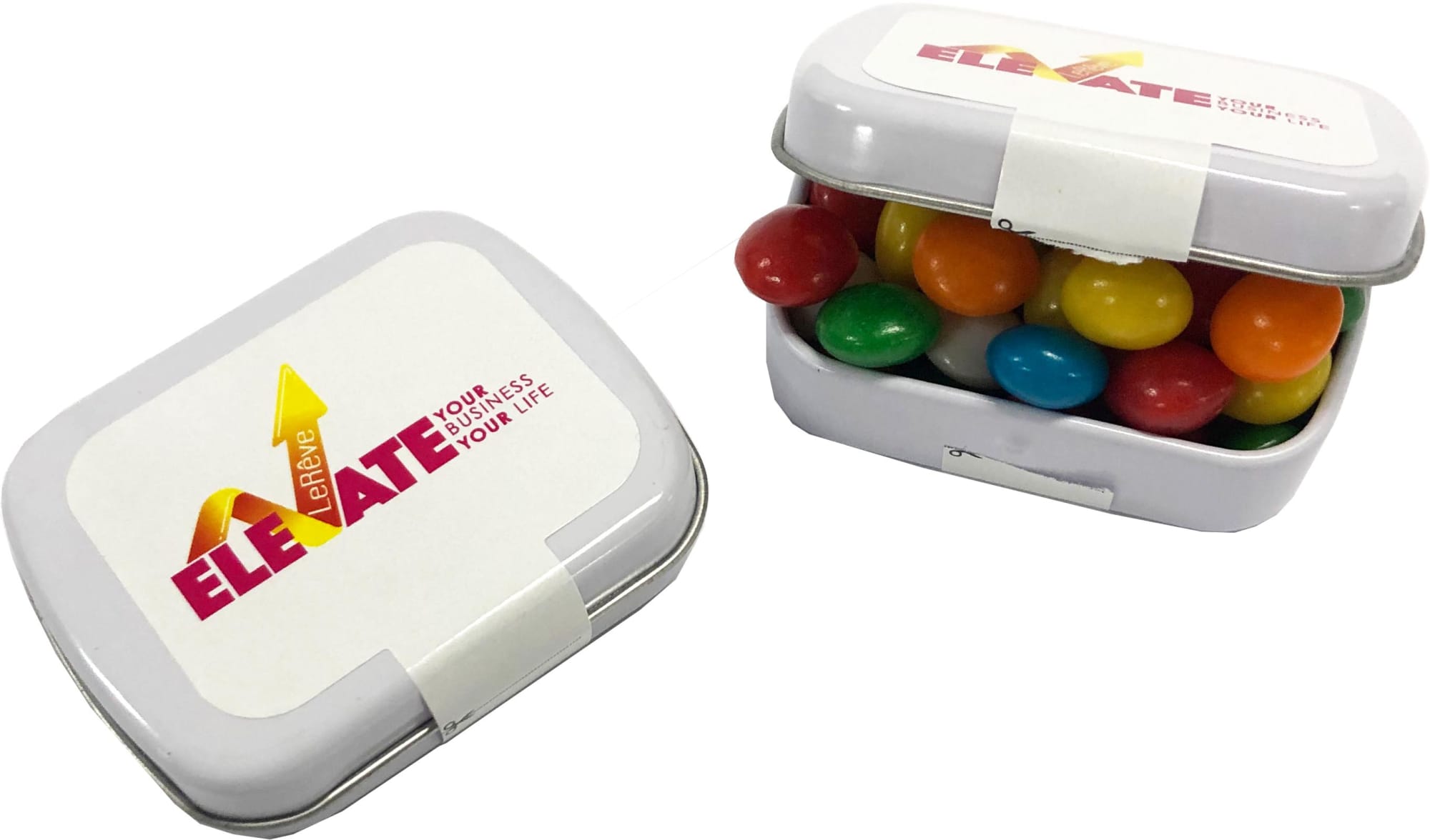 A small rectangle tin filled with colourful chewy fruit sweets, featuring a hinged lid and a logo on top. Small Rectangle Tin with Chewy Fruit 30g - Image 1