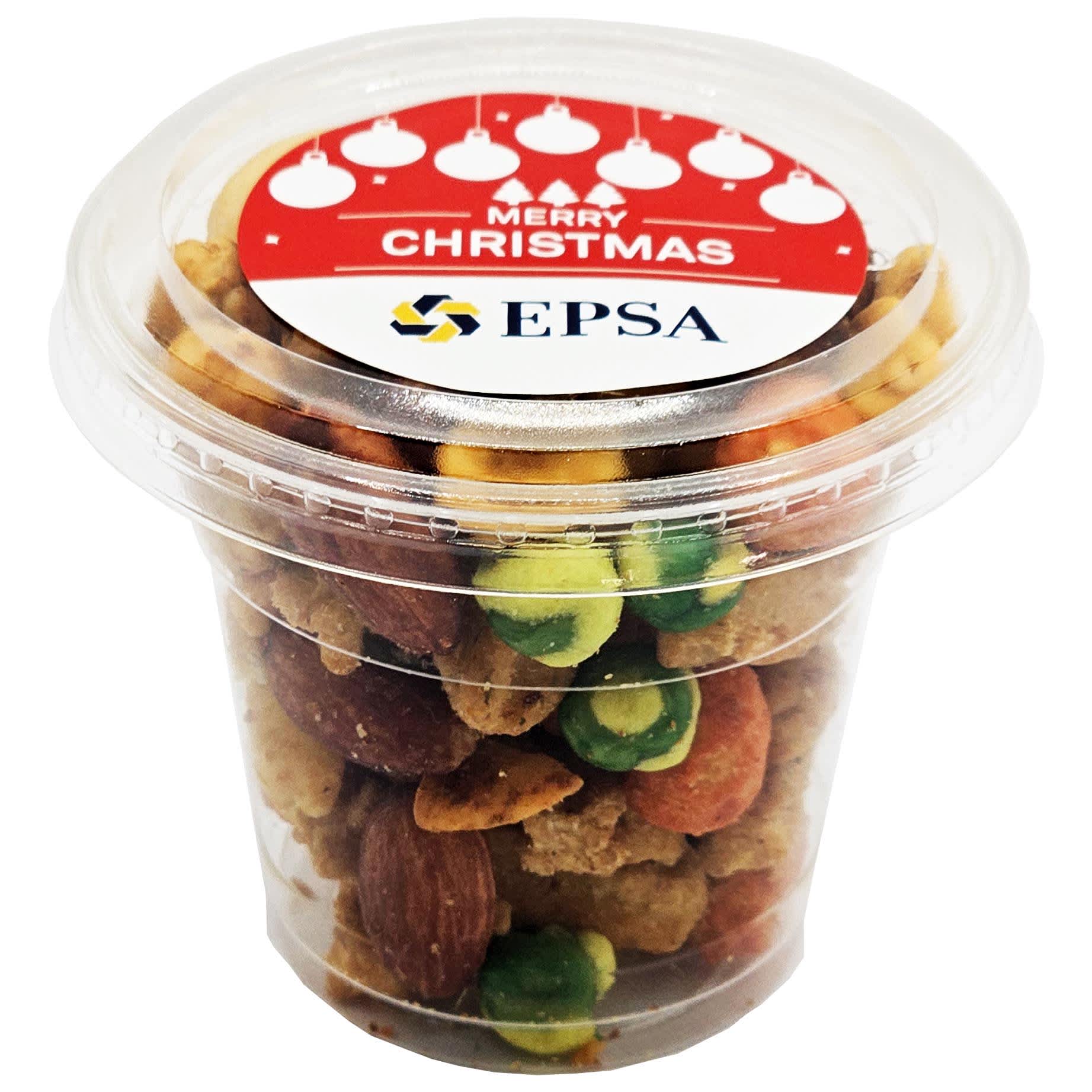 A clear tub filled with a mix of colourful nuts and savoury snacks, featuring a festive lid with a logo. A clear tub filled with a mix of colourful nuts and savoury snacks, featuring a festive lid with a logo.