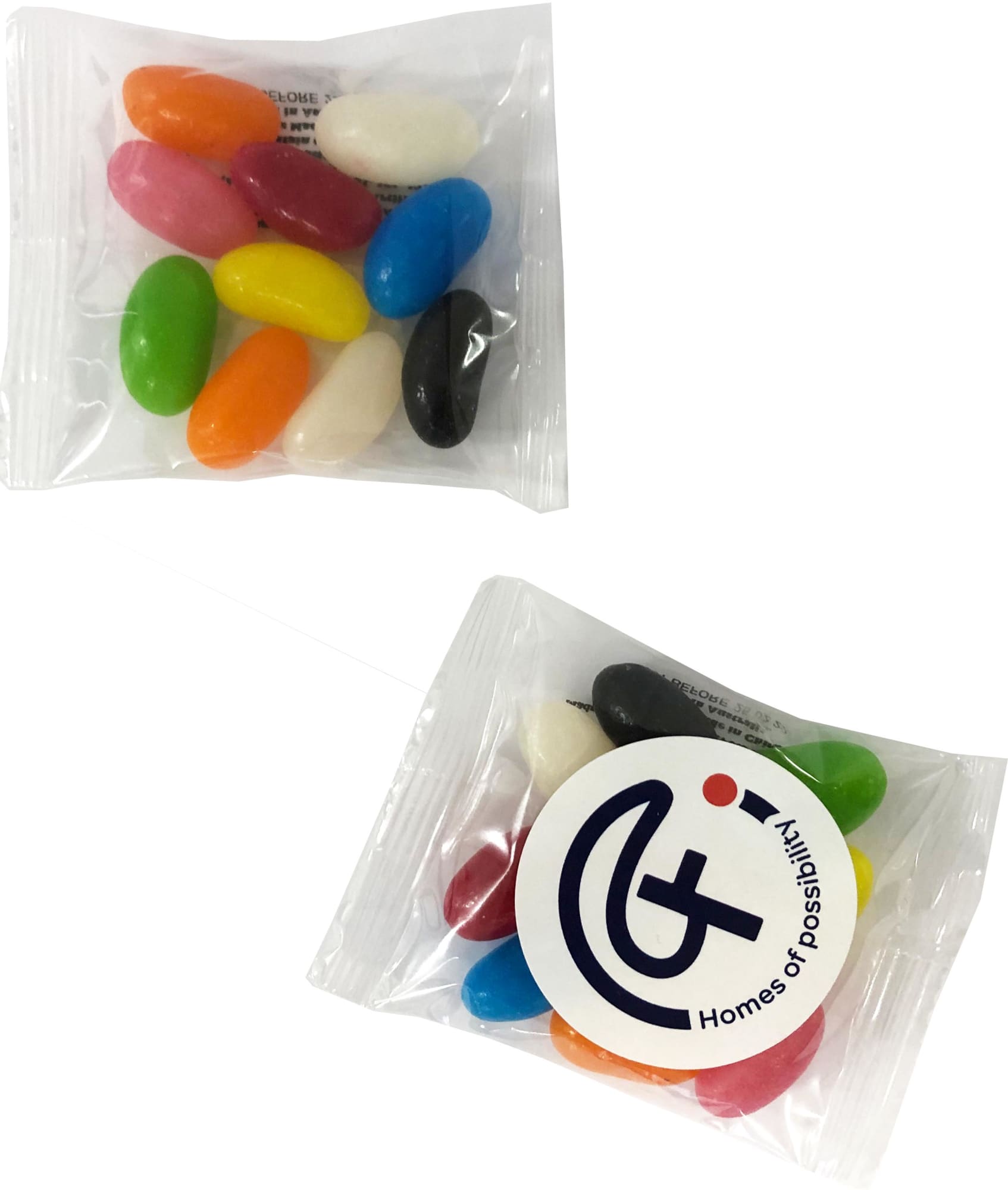 A clear bag containing an assortment of colourful jelly beans in various shades, alongside a branded logo. Jelly Beans Aussie 25g - Image 1