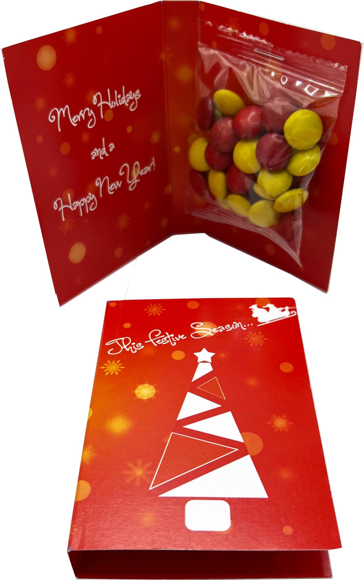 A red promotional gift card featuring a festive message and a bag of colourful choc beans in yellow and red. A red promotional gift card featuring a festive message and a bag of colourful choc beans in yellow and red.