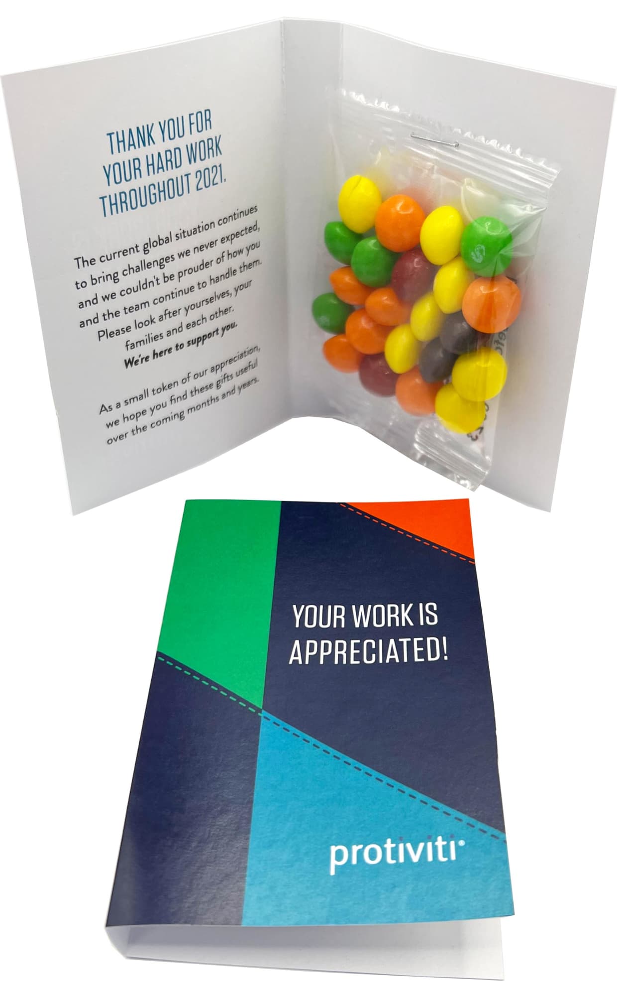 A gift card with a 25g bag of colourful Skittles, enclosed in a branded card. A gift card with a 25g bag of colourful Skittles, enclosed in a branded card.