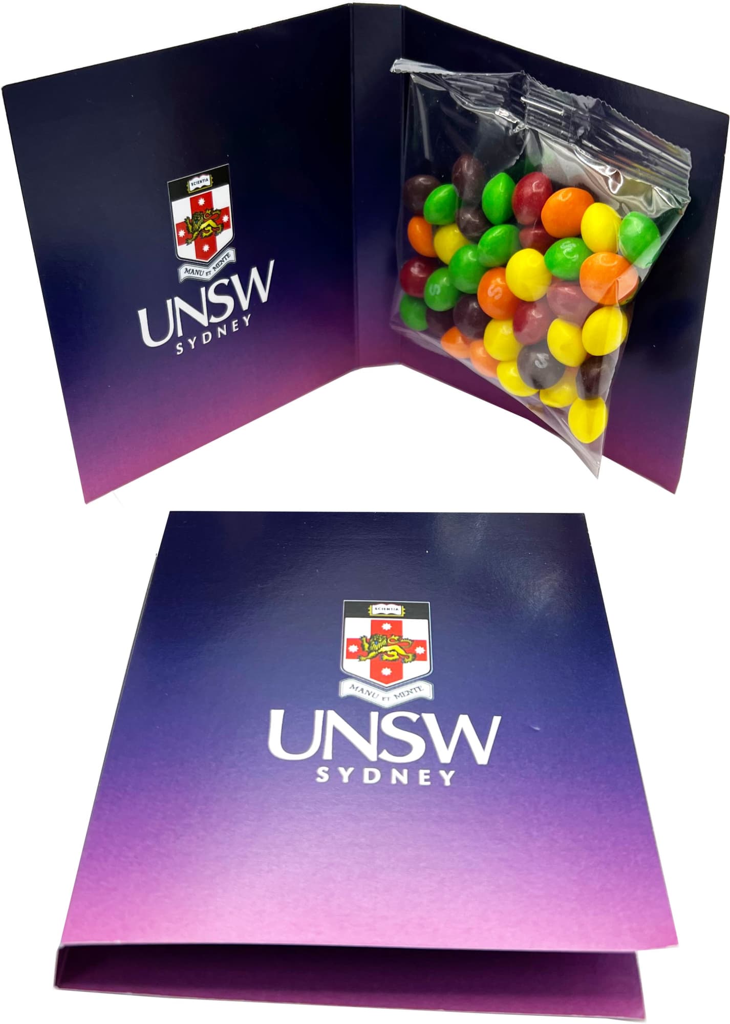 A gift card featuring a 50g bag of mixed Skittles in various colours, packaged in a decorative purple card with a logo. A gift card featuring a 50g bag of mixed Skittles in various colours, packaged in a decorative purple card with a logo.