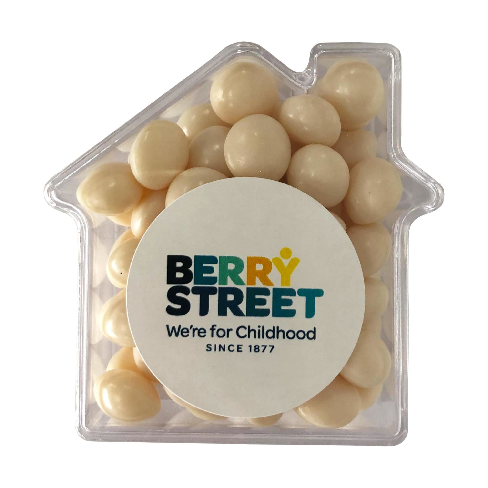 A clear acrylic house-shaped container filled with white mints, featuring a circular logo on the front. Acrylic House with Chewy Mints 50g - Image 1