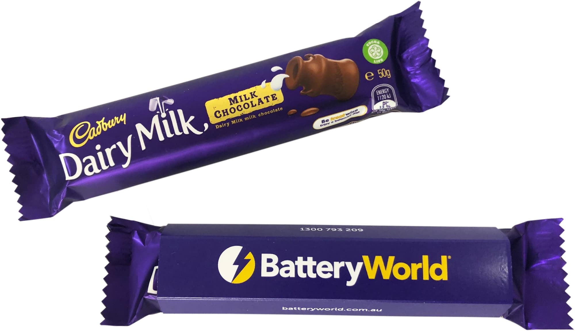 A Dairy Milk chocolate bar, wrapped in purple packaging, featuring milk chocolate. Includes a branding logo. Dairy Milk 50g with Sleeve - Image 1