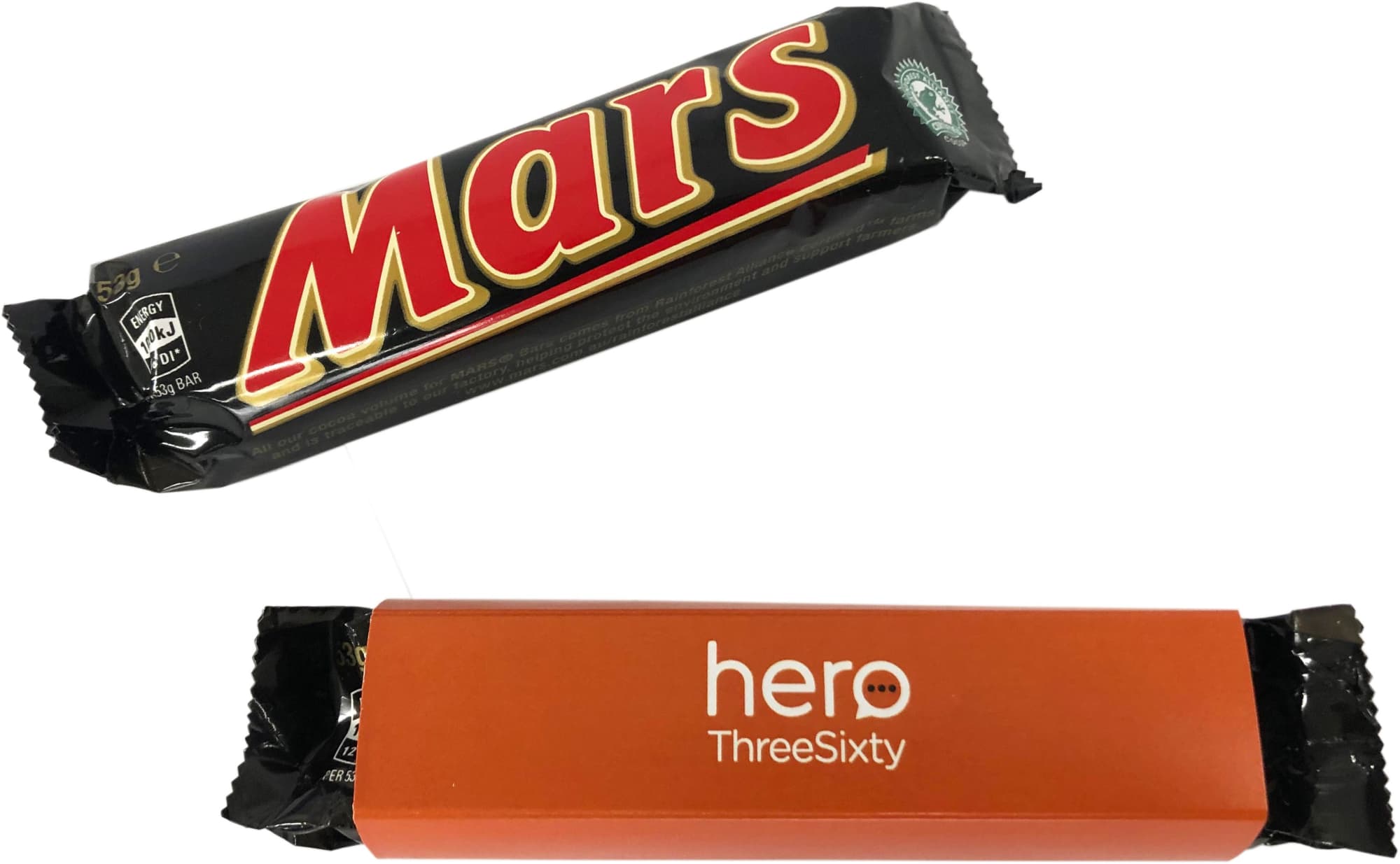 A Mars Bar wrapped in black packaging with an orange sleeve. The bar features a logo on the front. A Mars Bar wrapped in black packaging with an orange sleeve. The bar features a logo on the front.
