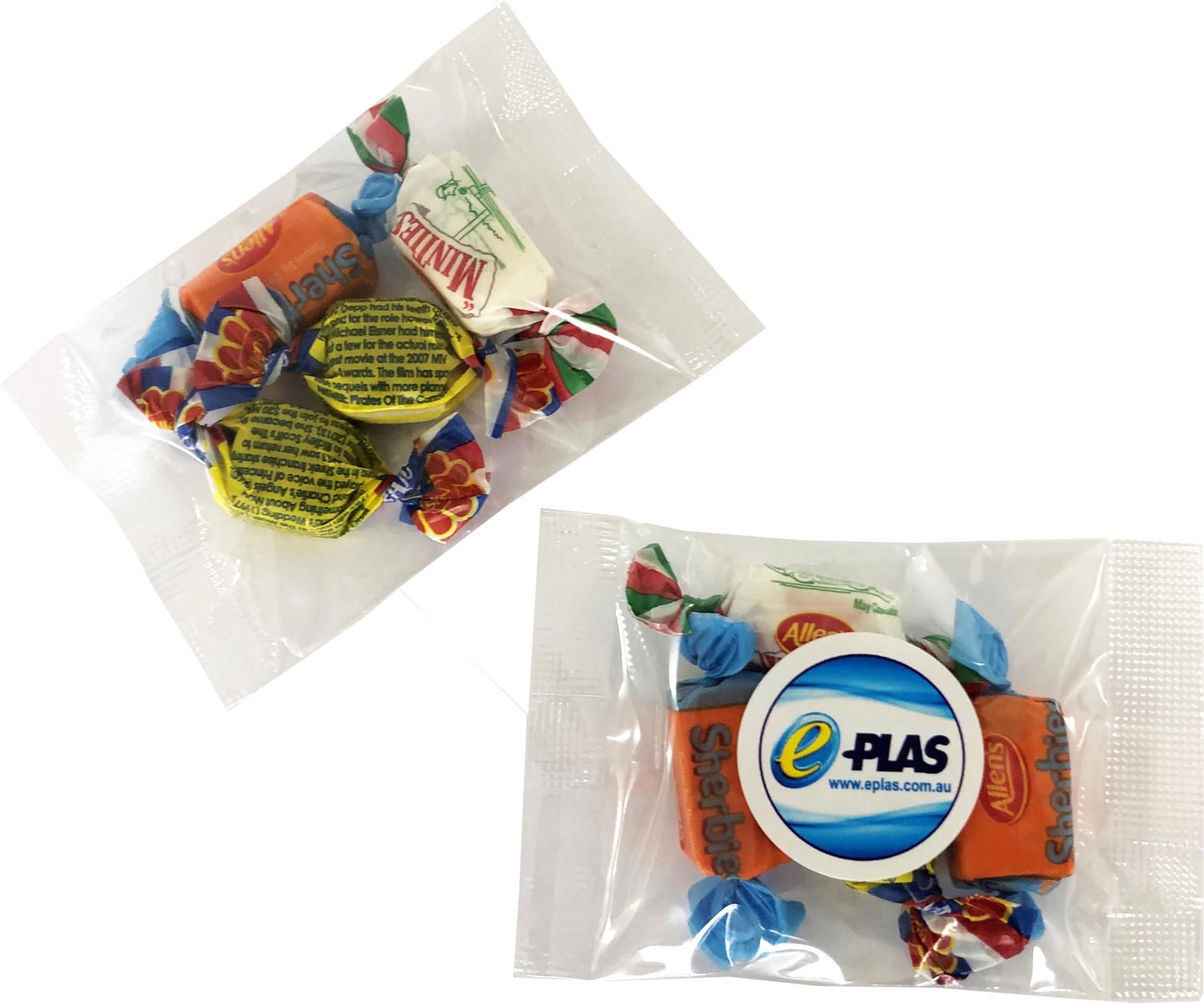 Mixed lollies in a clear packaging, featuring colourful sweets in various shapes and wrappers. Includes a logo. Mixed lollies in a clear packaging, featuring colourful sweets in various shapes and wrappers. Includes a logo.