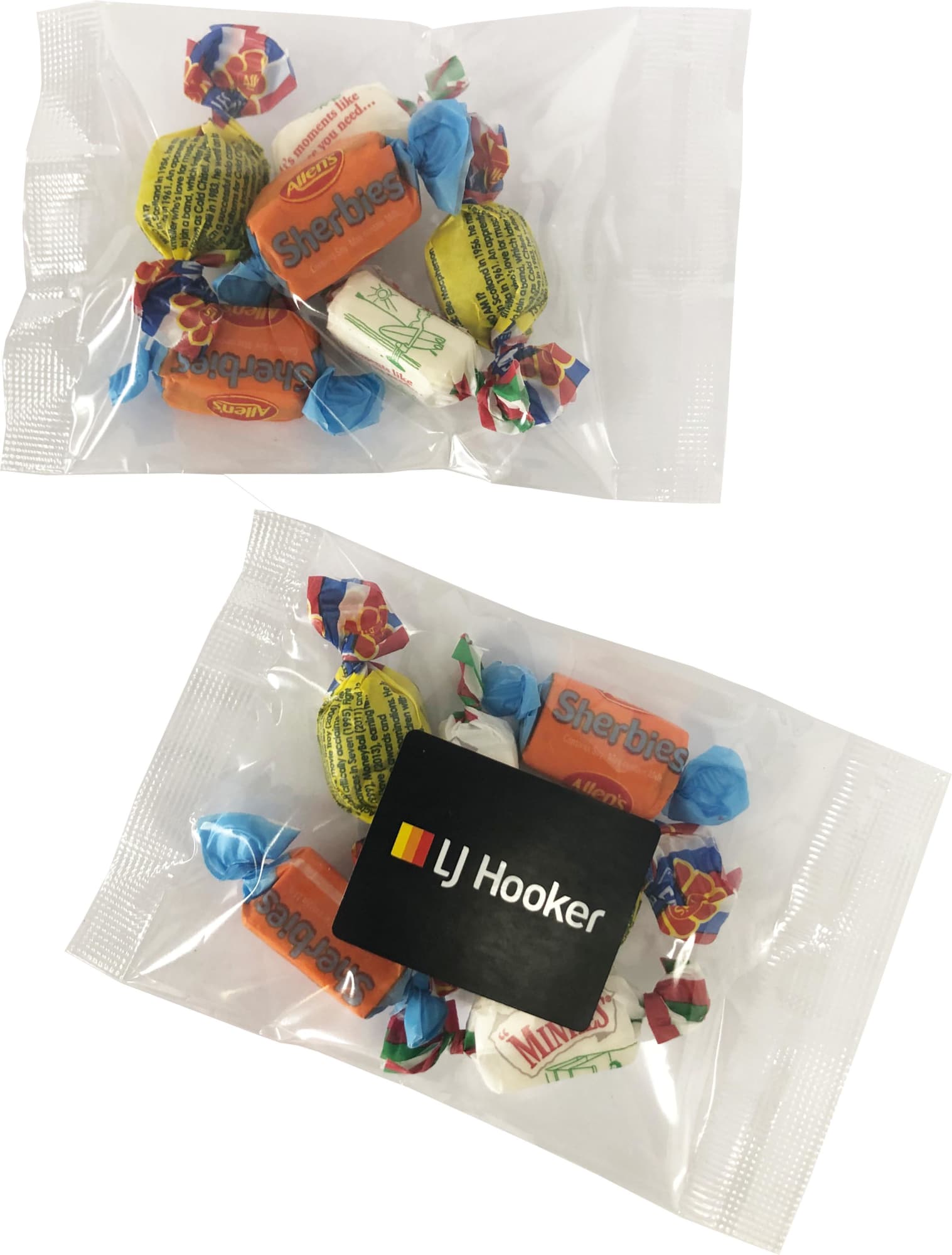 A bag containing assorted mixed lollies in bright colours, with a branding logo on the packaging. A bag containing assorted mixed lollies in bright colours, with a branding logo on the packaging.