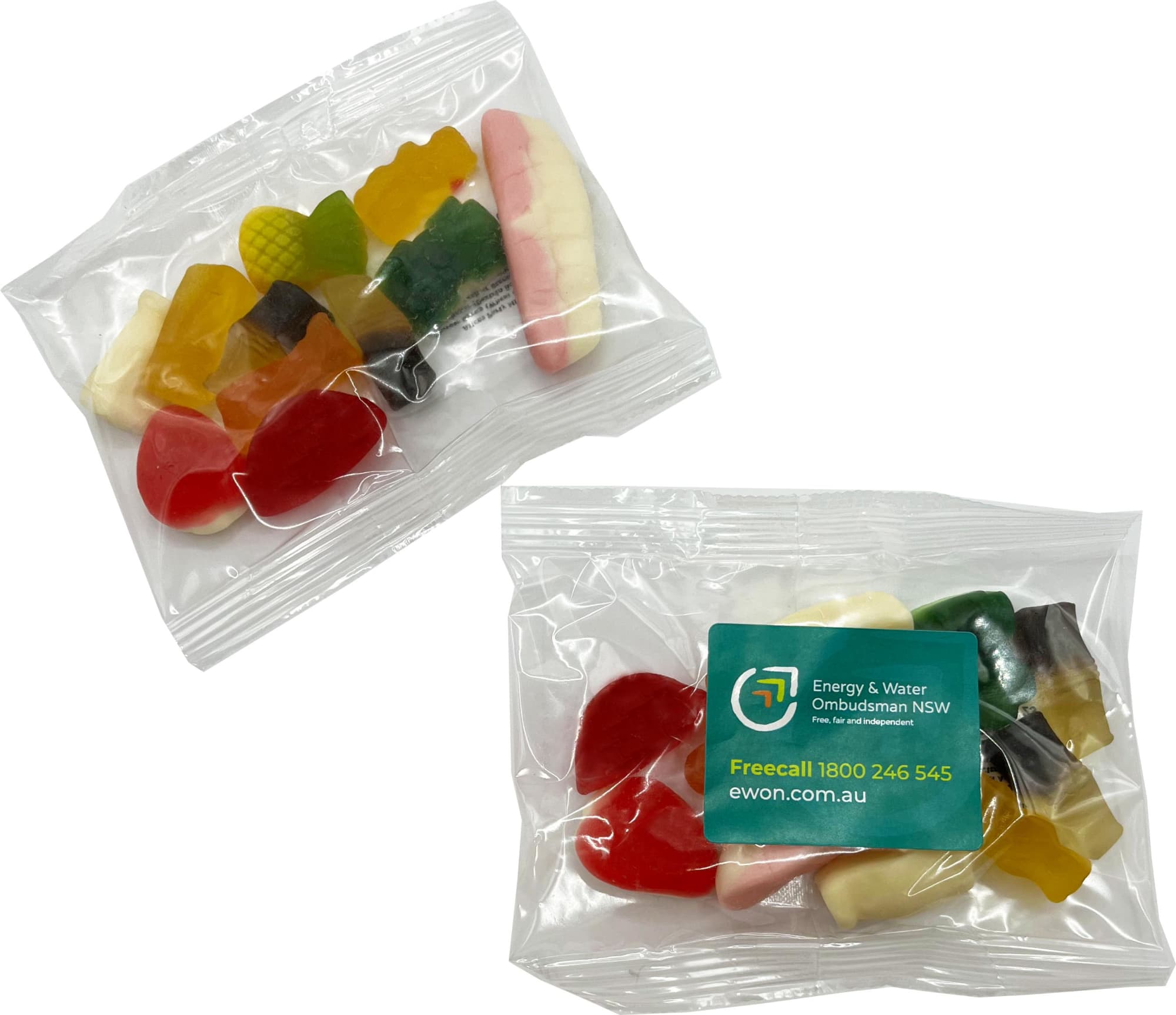 A clear bag containing various colourful mixed lollies, including red, yellow, green, and pink shapes. A clear bag containing various colourful mixed lollies, including red, yellow, green, and pink shapes.