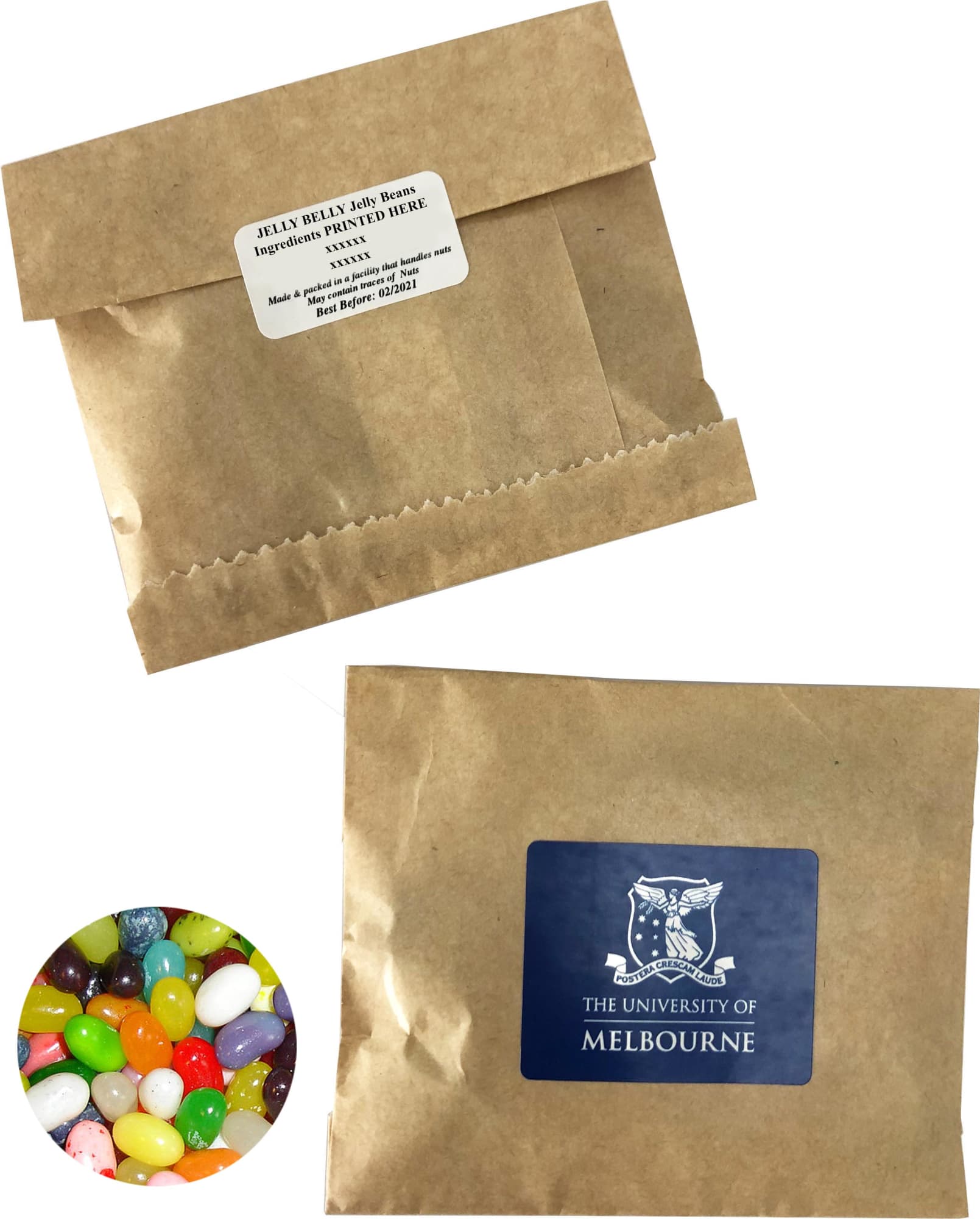 A kraft paper bag containing 50g of colourful JELLY BELLY jelly beans, featuring a logo on the front. Kraft Paper Bag with JELLY BELLY Jelly Beans 50g - Image 1