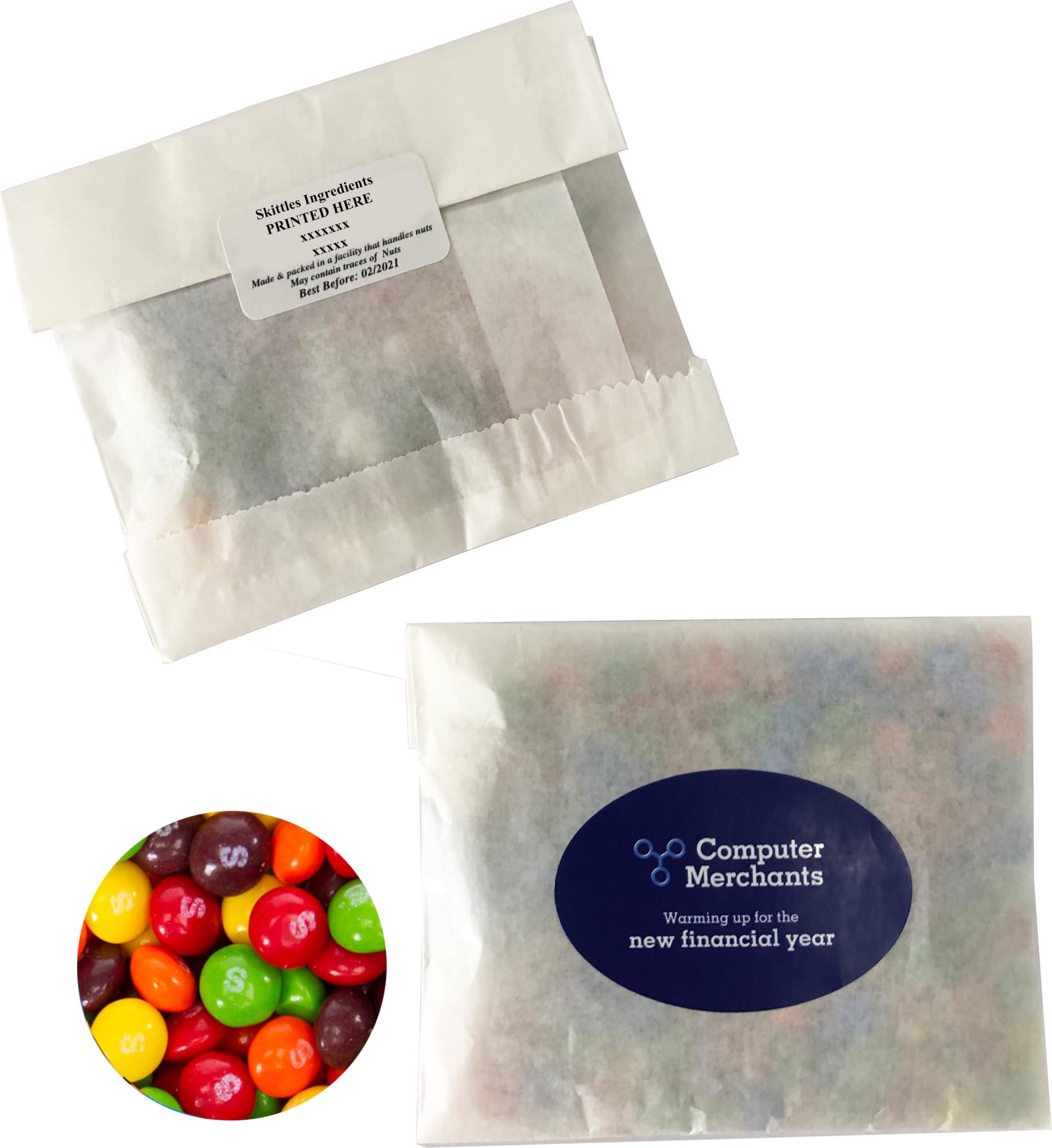 A kraft paper bag containing 50g of colourful Skittles, with a logo on the packaging. A kraft paper bag containing 50g of colourful Skittles, with a logo on the packaging.