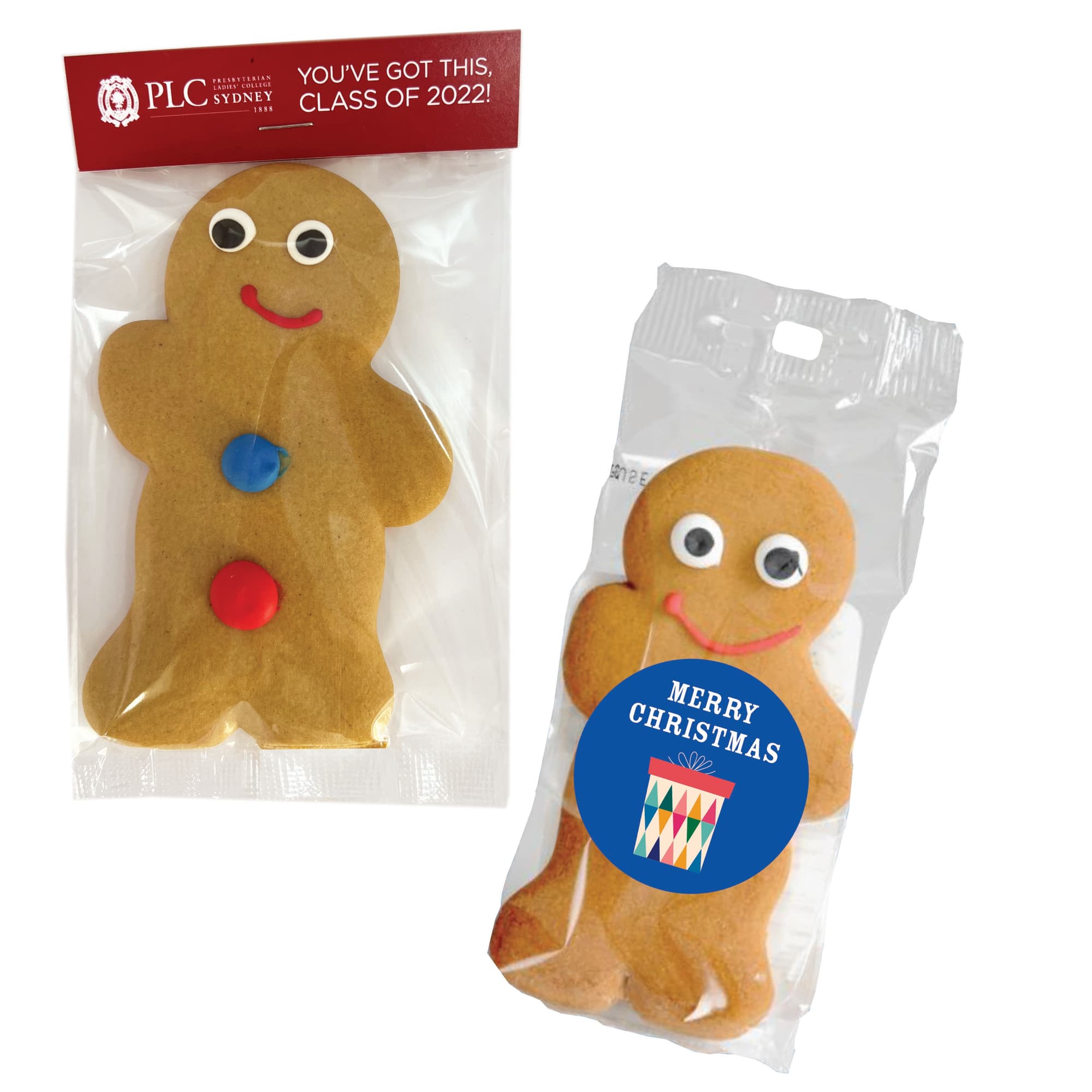 Two gingerbread man cookies, one decorated with red and blue buttons, the other with a festive "Merry Christmas" label. Two gingerbread man cookies, one decorated with red and blue buttons, the other with a festive "Merry Christmas" label.