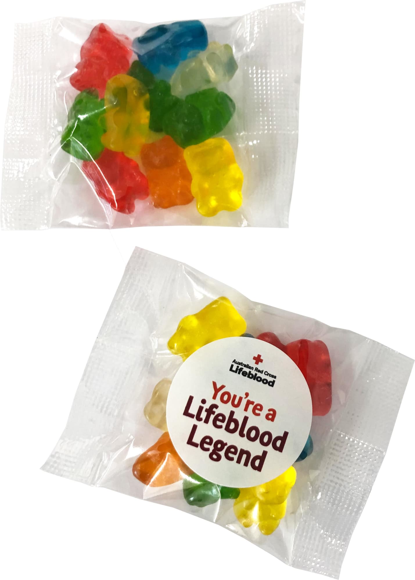 A clear packet containing colourful gummi bears in various shapes, with a logo and text on the packaging. A clear packet containing colourful gummi bears in various shapes, with a logo and text on the packaging.