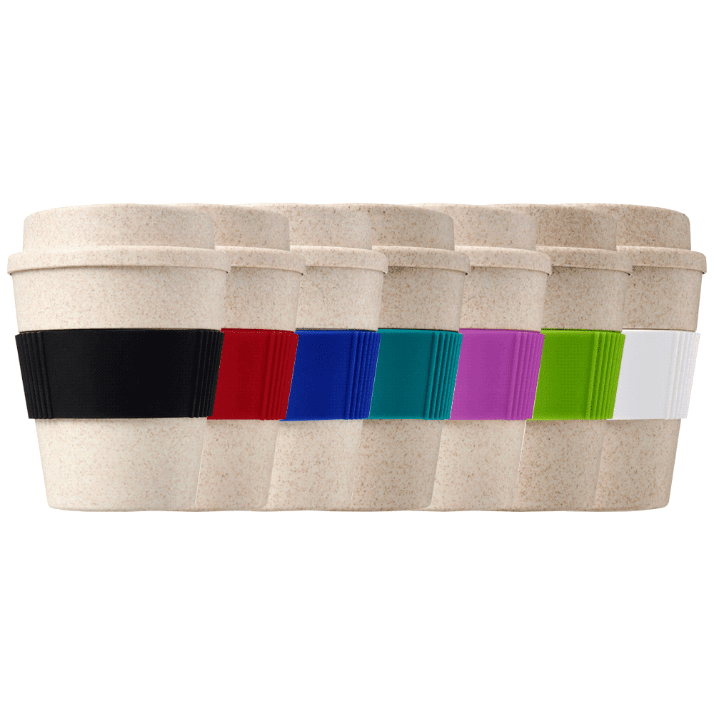 A drink bottle featuring a bamboo mix design with a variety of coloured silicone bands, arranged in a row. Carry Cup 350ml - Bamboo Mix - Image 1