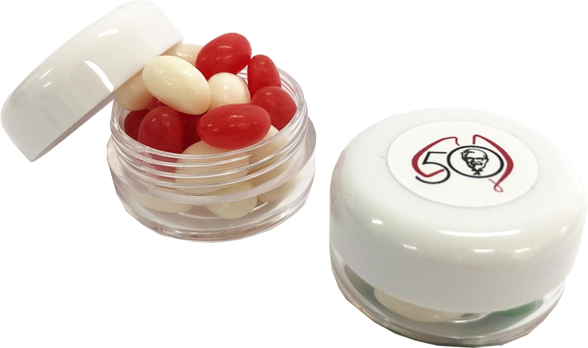 A small clear screw cap jar filled with red and white jelly beans, featuring a white lid and a logo on top. A small clear screw cap jar filled with red and white jelly beans, featuring a white lid and a logo on top.