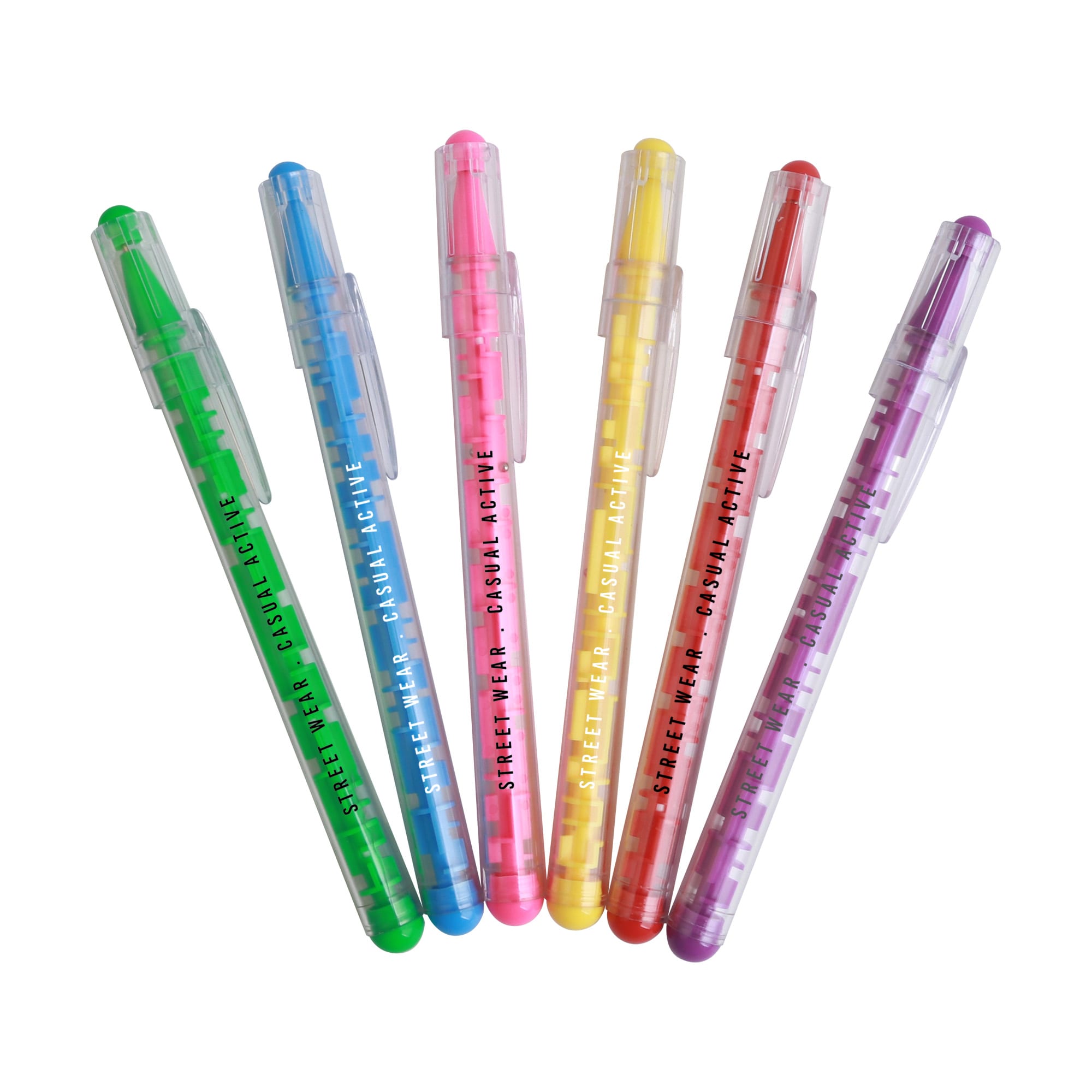 A set of six colourful pens in green, blue, pink, yellow, red, and purple, featuring a transparent design and a logo. Puzzle Maze Pen - Image 1