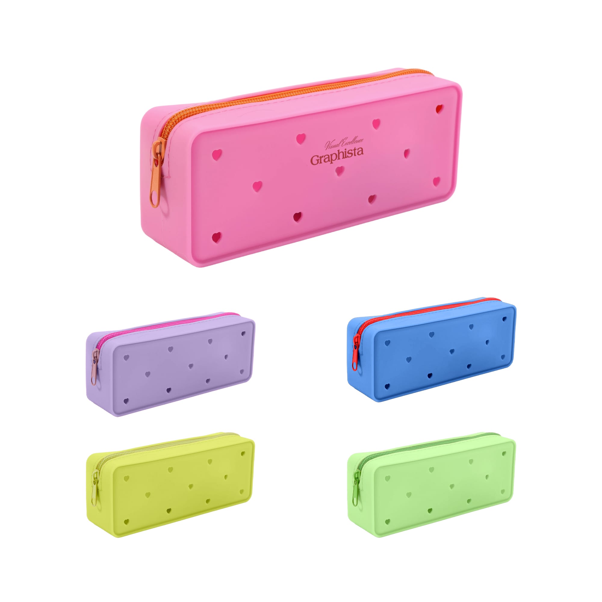 A silicone pencil case in pink, lavender, blue, and green, featuring heart-shaped holes and a zip closure. Silicone Holes Pencil Case - Image 1