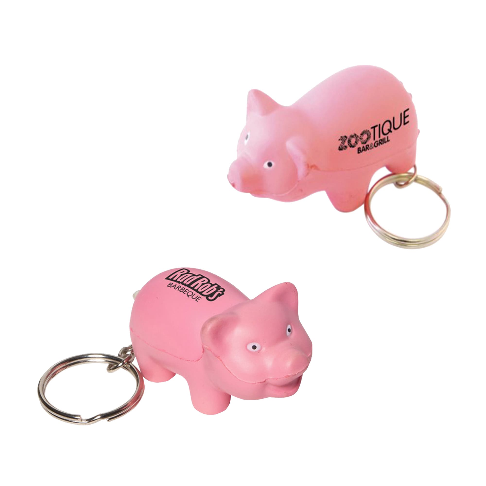 A pink keyring featuring a mini pig stress item, with a keyring attachment and a logo on its side. Keyring with Mini Pig Stress Item - Image 1