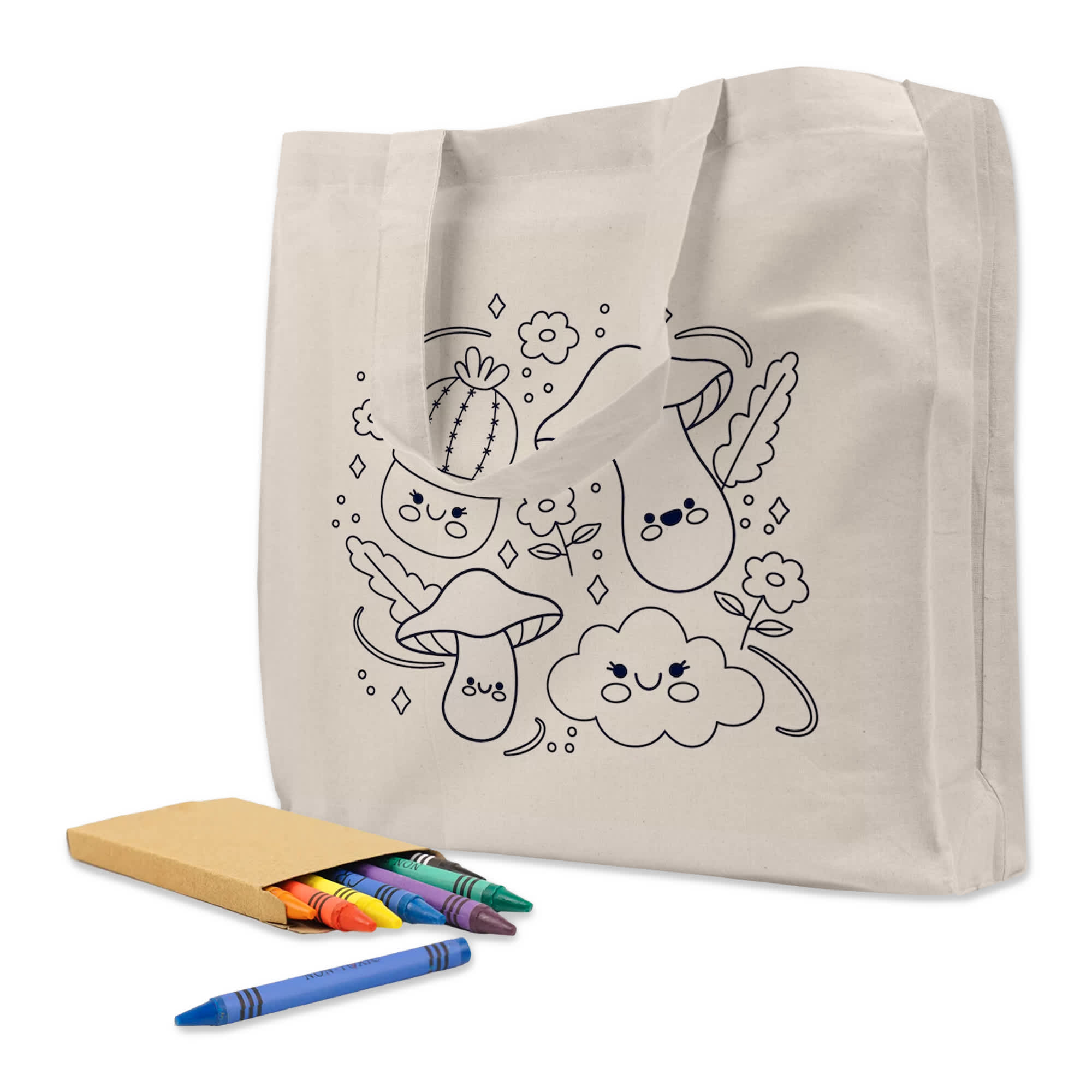 A cream-coloured tote bag featuring black line drawings of happy mushrooms, clouds, and cacti, accompanied by colourful crayons. Colouring Calico Bag with Gusset - Image 1