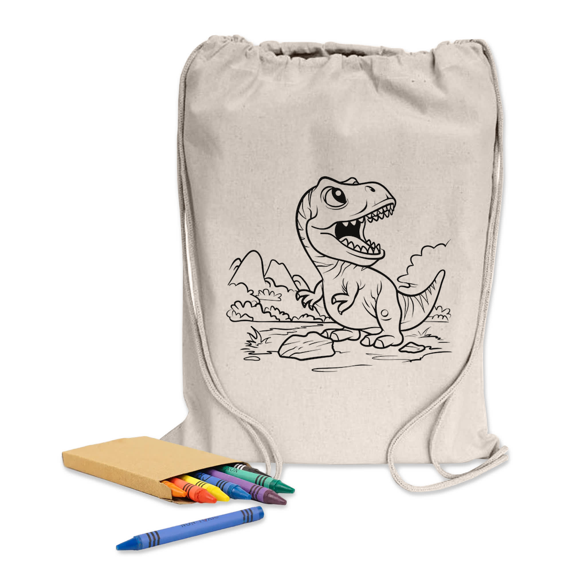 A drawstring library bag in natural colour with a dinosaur design, accompanied by crayons and a notepad. Colouring Calico Library Bag - Image 1
