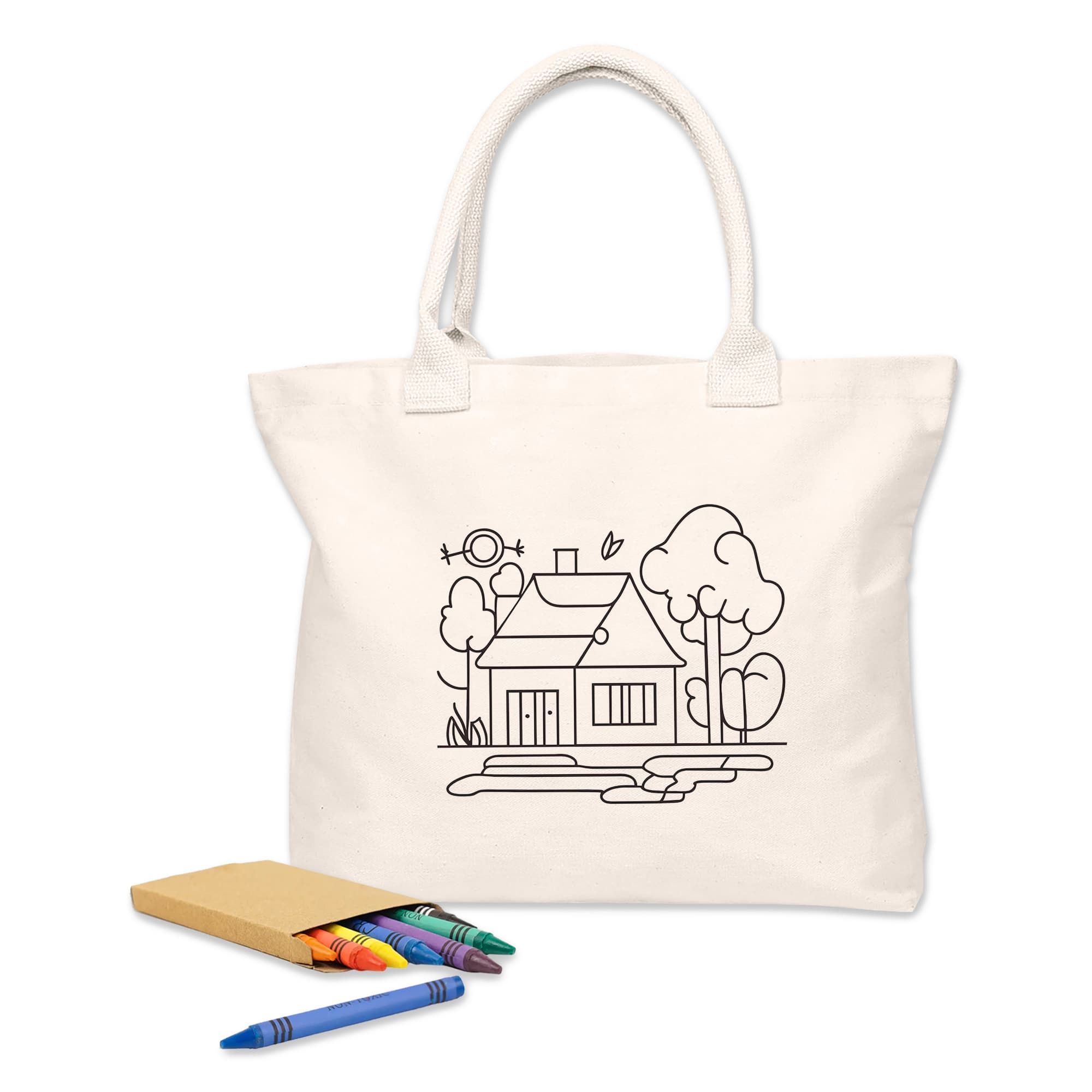 A natural-coloured reusable grocery bag with a colouring design featuring a house, trees, and a sun, alongside crayons. Colouring Calico Shopper No Gusset - Image 1