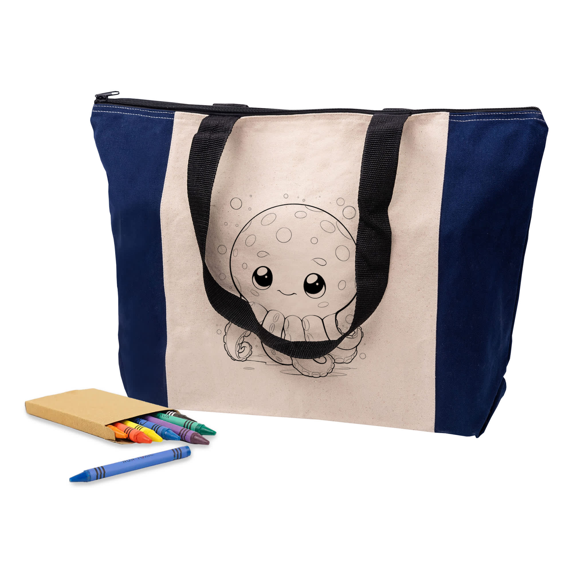 A navy and natural tote bag featuring a cute octopus design, accompanied by colourful markers and a notepad. Colouring Calico Zip Shopper - Image 1