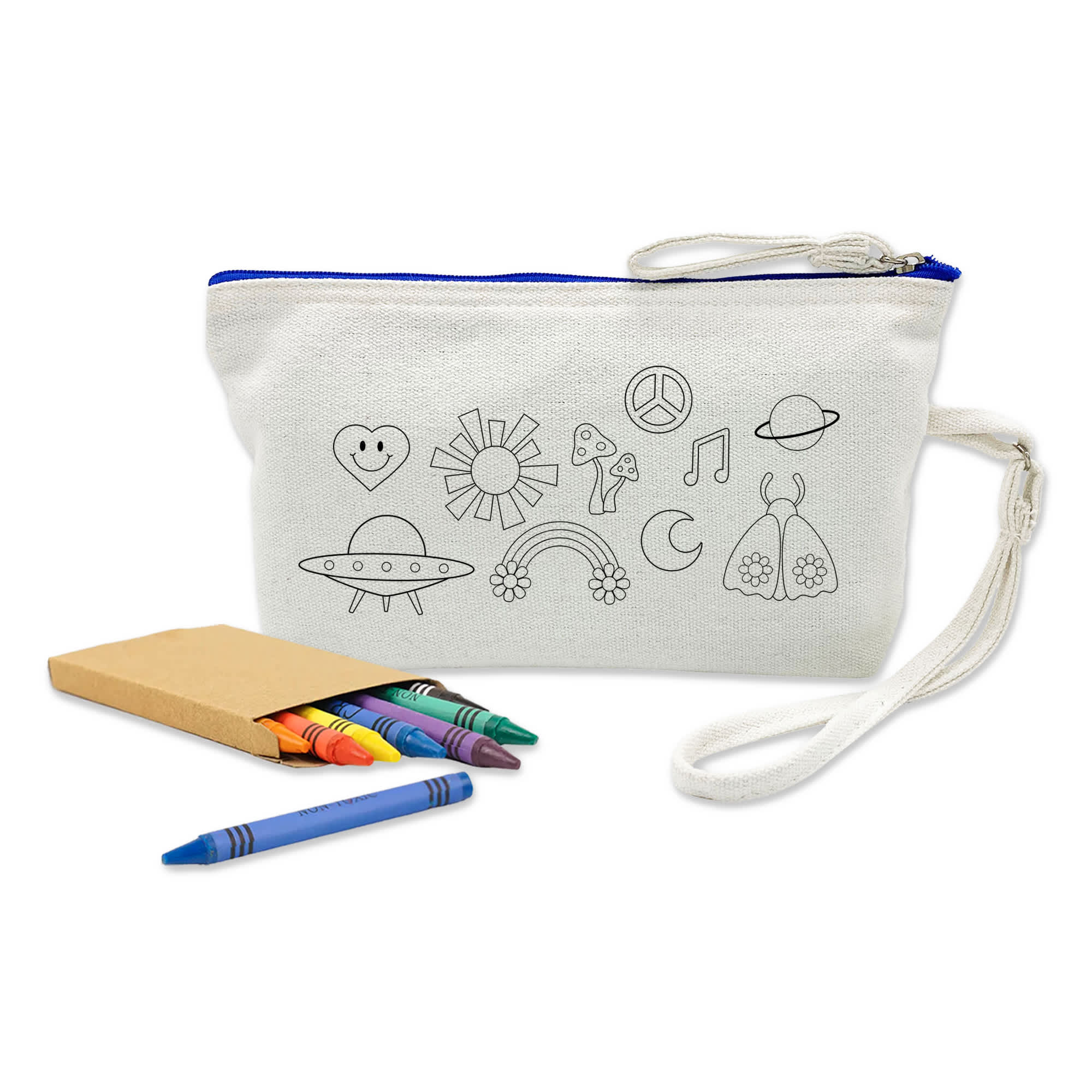 A cosmetic bag in white with a blue zipper, featuring outlined designs and accompanied by colourful crayons. Colouring Canvas Cosmetic Bag - Image 1