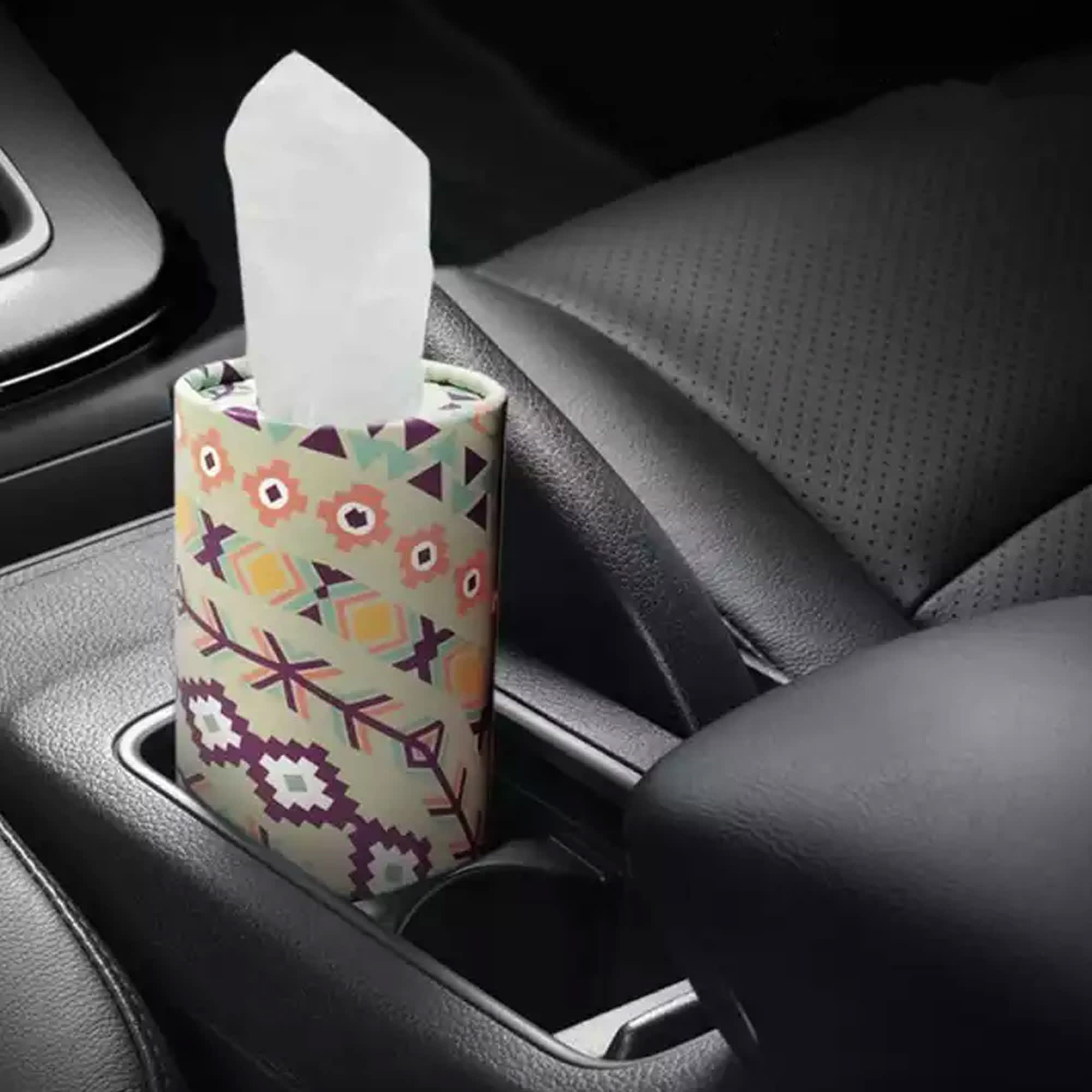 A patterned car bucket dry tissue holder in a car cup holder, featuring floral and geometric designs. Car Bucket Dry Tissue - Image 1