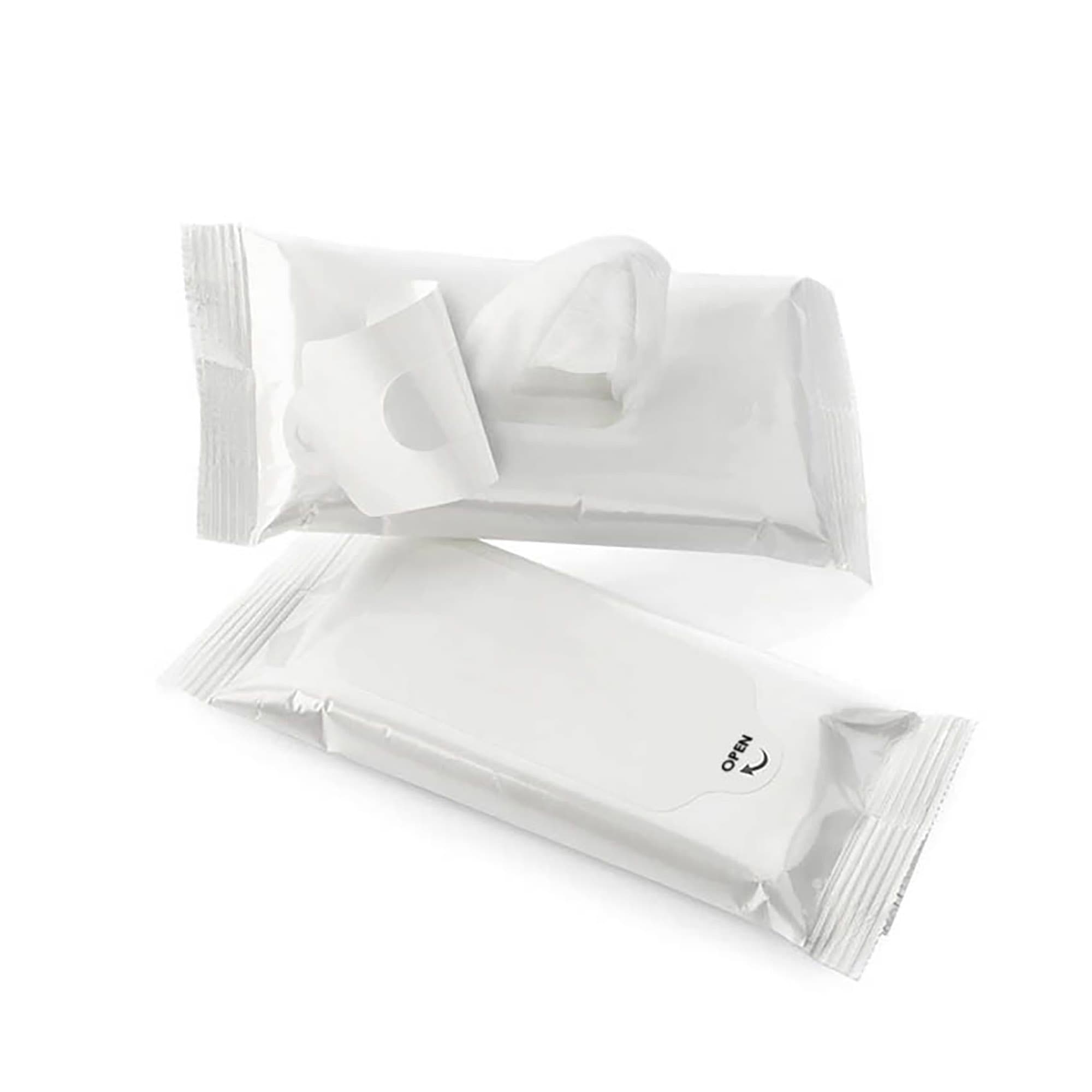 A pack of white anti-bacterial wet wipes, featuring an opening tab, with an additional unopened pack beside it. Anti Bacterial Wet Wipes - Image 1