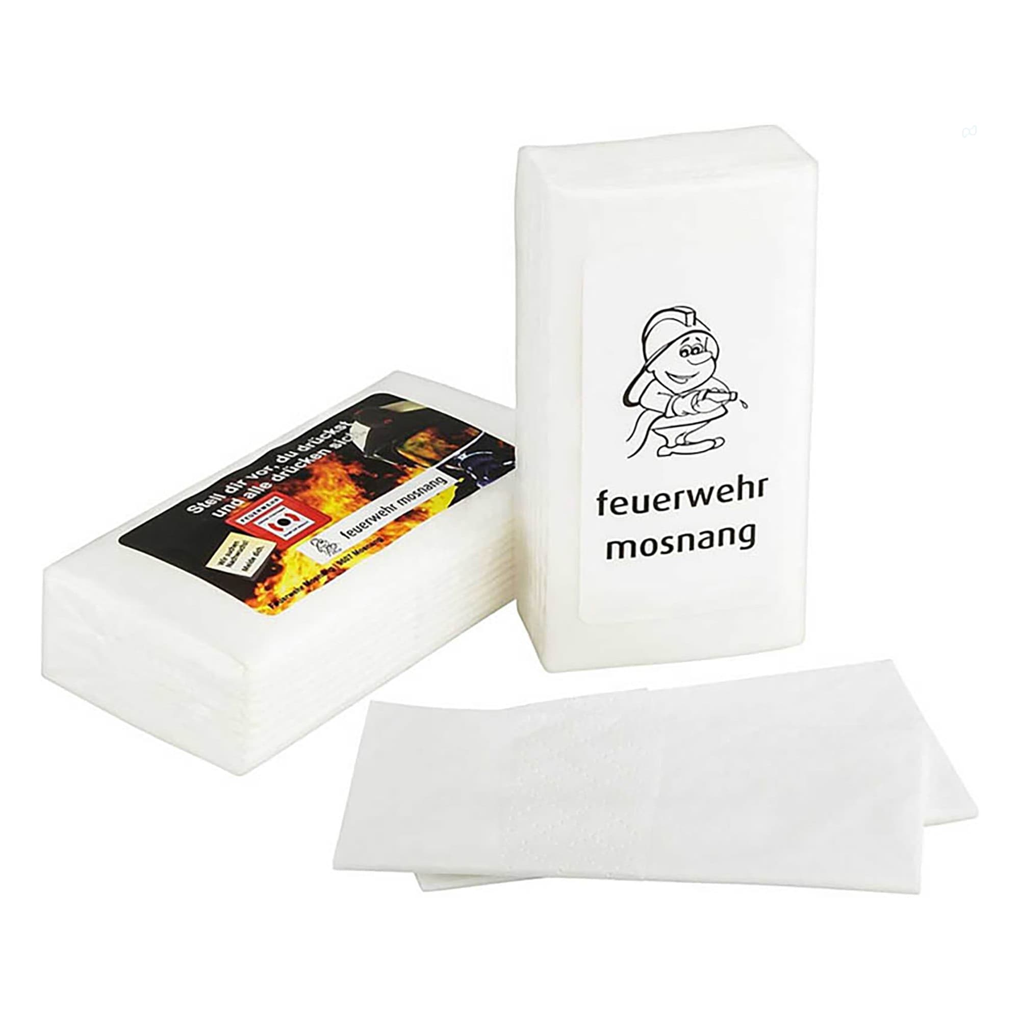 A pack of white mini pocket tissues, featuring a logo and a cartoon character on the packaging. Mini Pocket Pack Tissues - Image 1