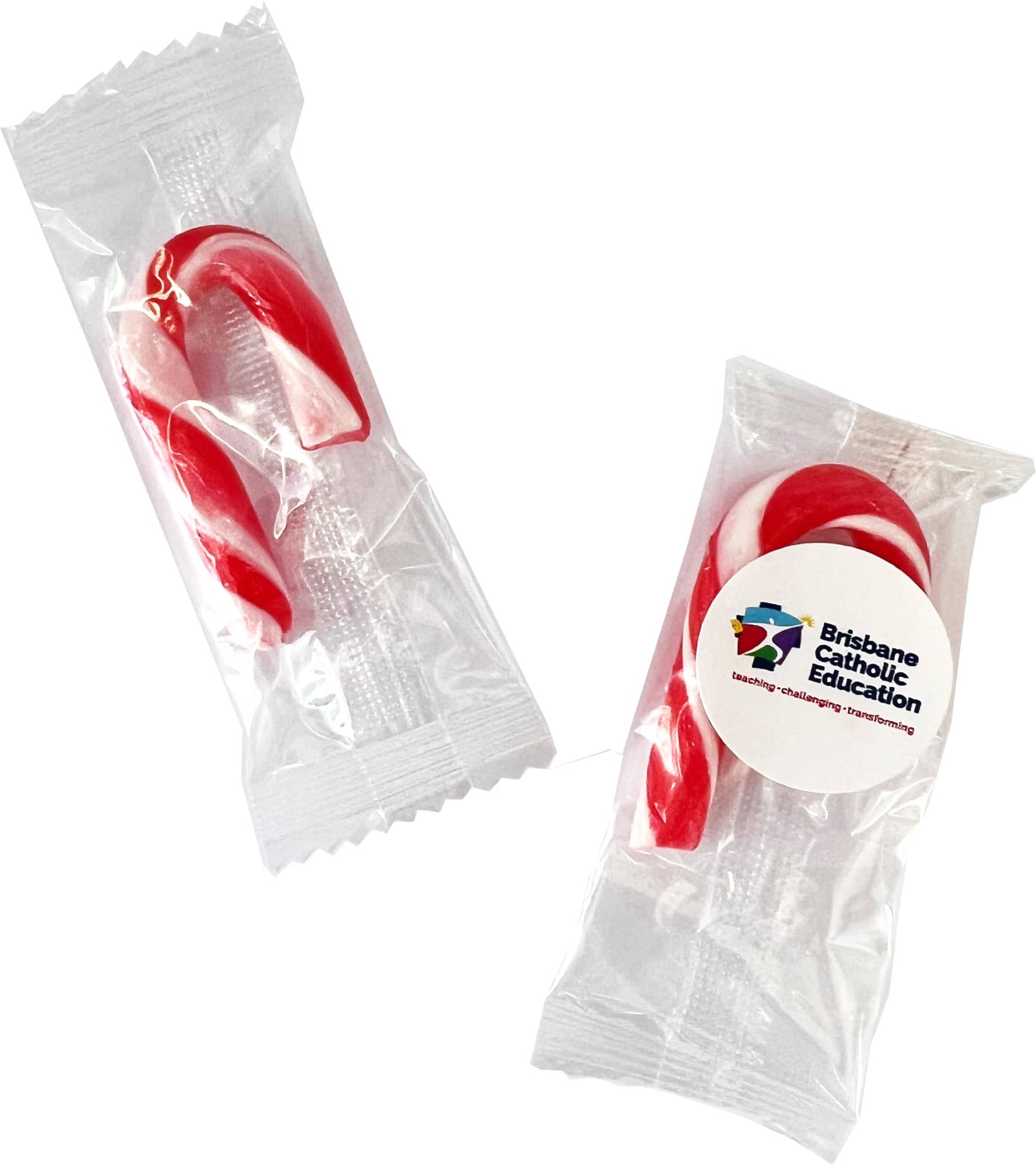 A pack containing red and white 5cm candy canes, wrapped individually with a logo. 4g Candy Canes 5cm - Image 1