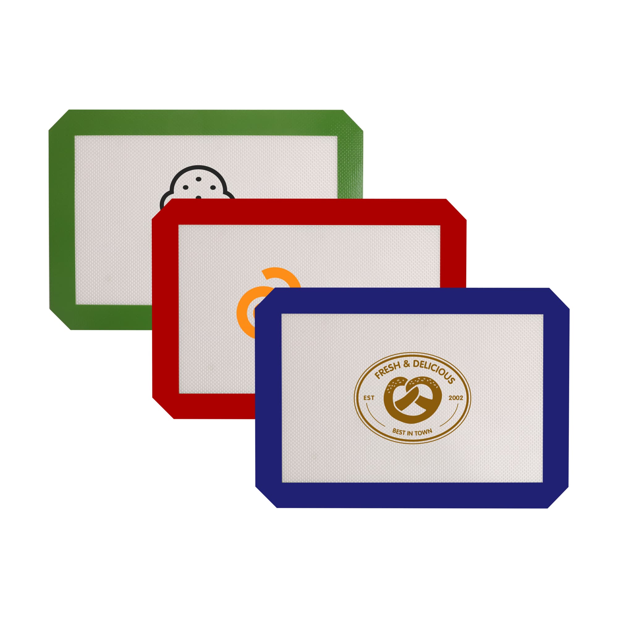 Three silicone baking mats in green, red, and blue, featuring various designs and a logo on one mat. Silicone Baking Mat - Image 1