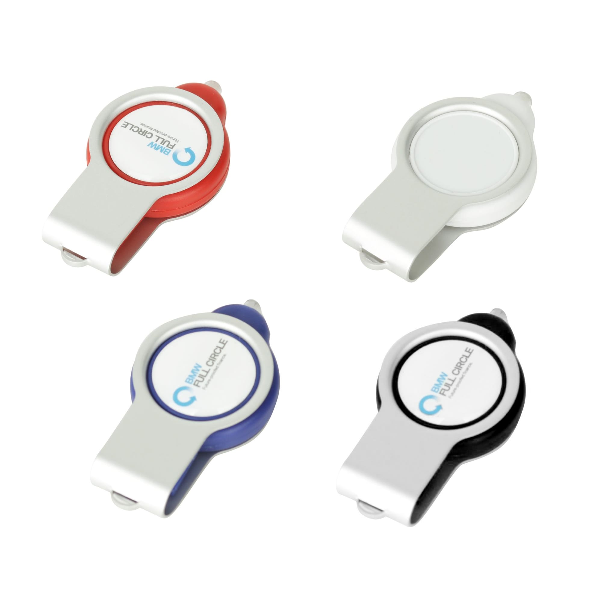 Four light-up epoxy doming flash drives in red, white, blue, and black, each featuring a logo. Epoxy doming light up Flash Drive - Image 1