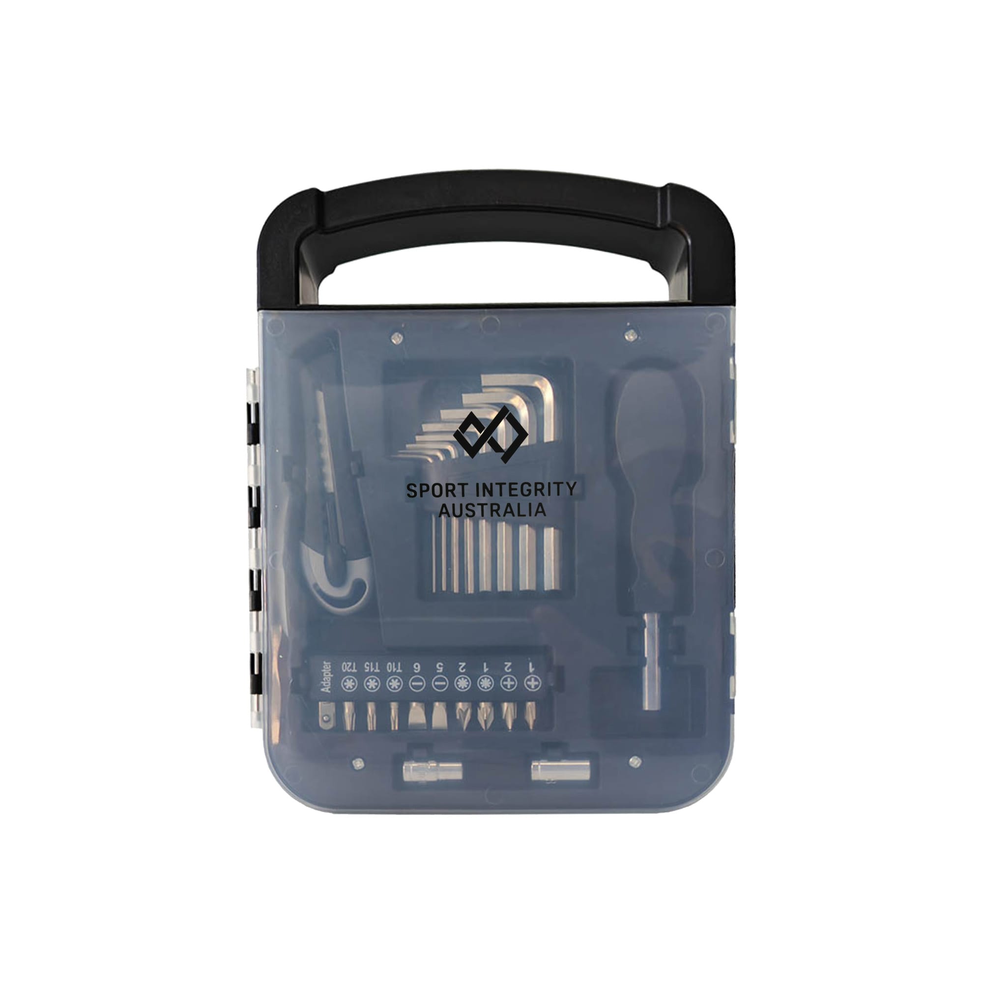 A transparent tool kit with a black handle, containing various small tools and bits. It features a logo on the front. Tradie Tool Kit - Image 1