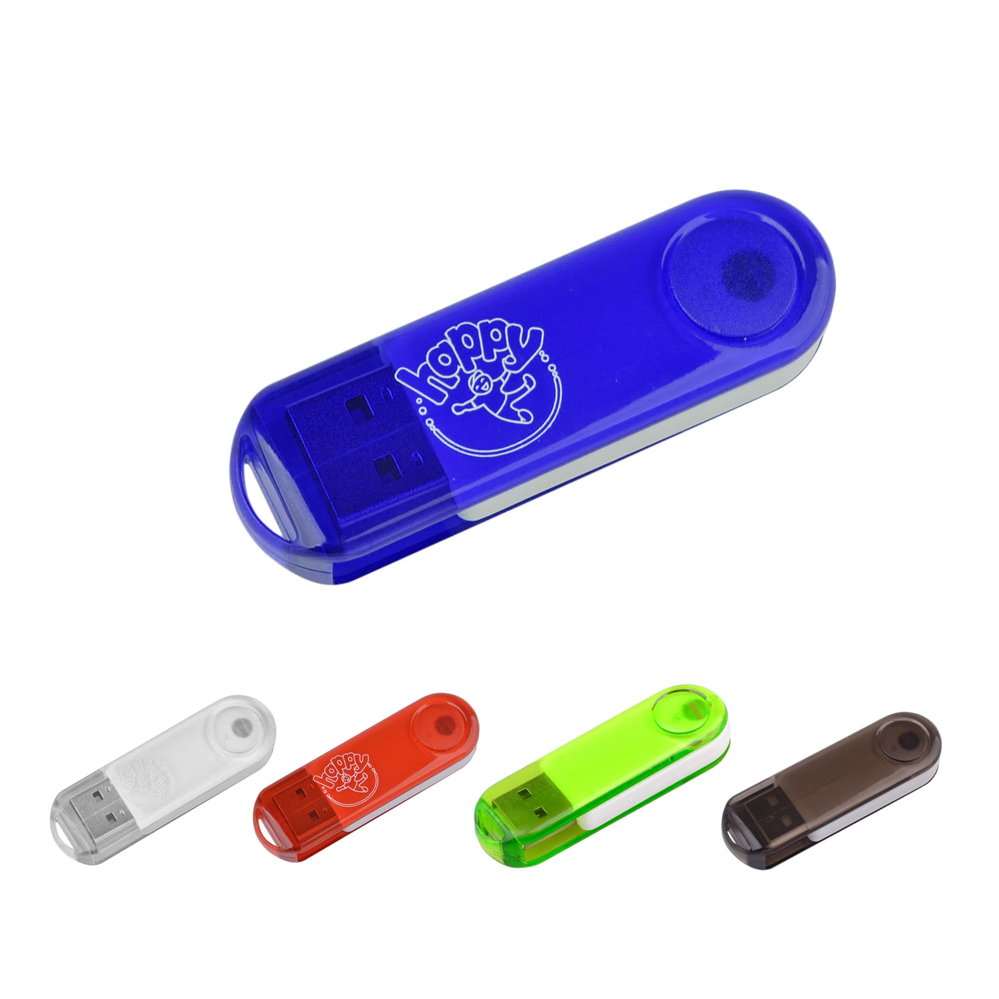 A transparent swivel flash drive available in blue, green, red, white, and brown, featuring a logo. Transparent Swivel Flash Drive - Image 1