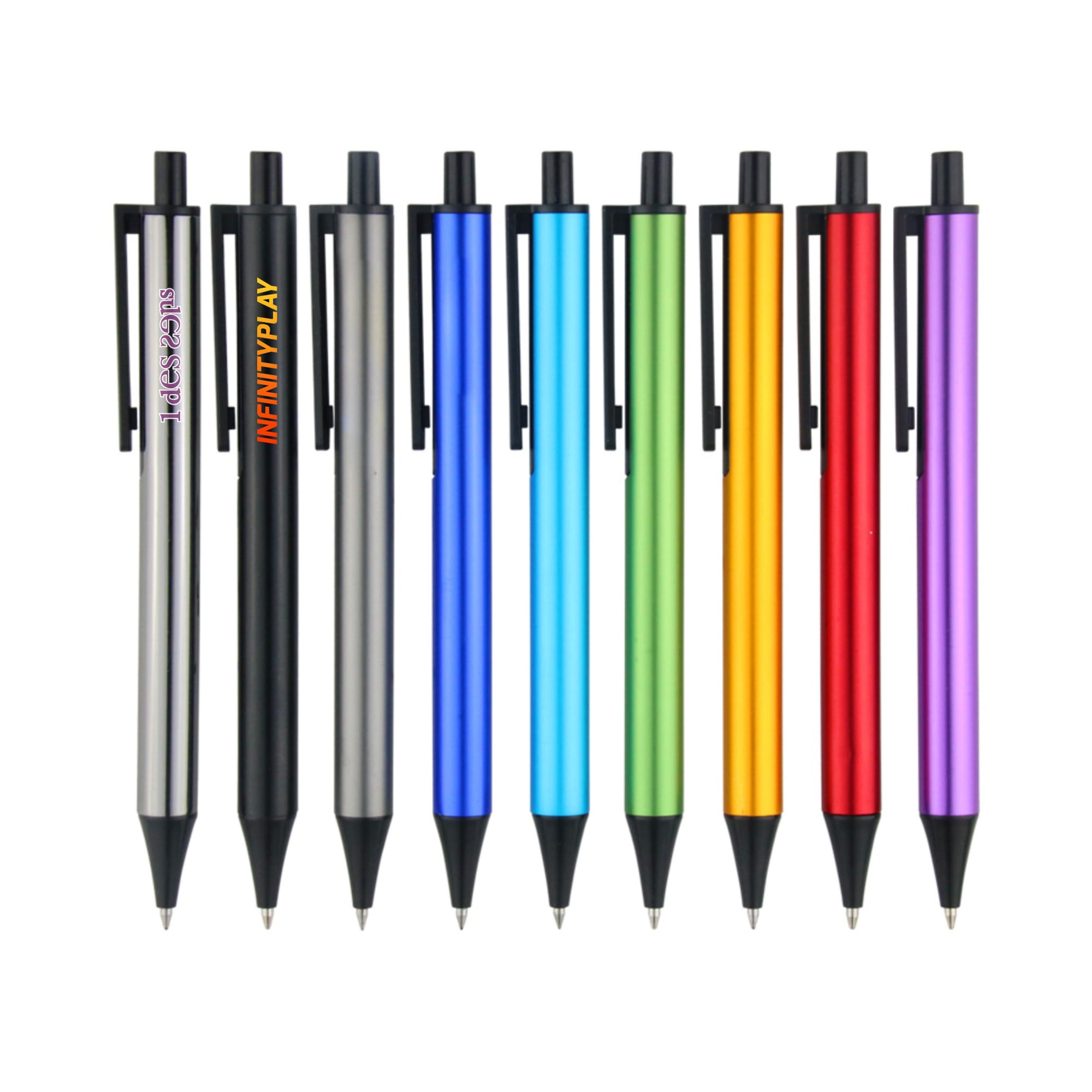 A collection of plastic click pens in various colours, including black, silver, blue, green, orange, and purple. Each pen features a clip and branding. Click Pen - Image 1