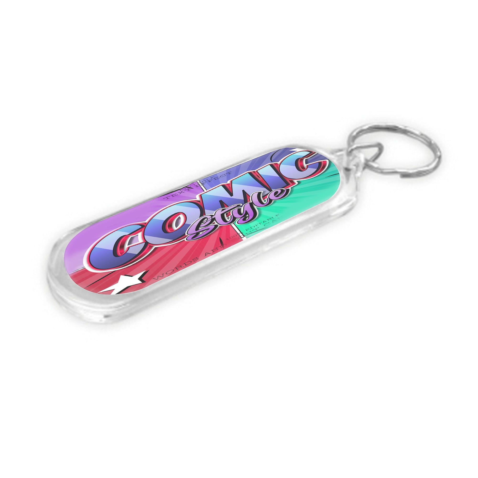 An oblong acrylic keyring in vibrant pink and green with a decorative design and attached metal keyring. Oblong Acrylic Keyring - Image 1
