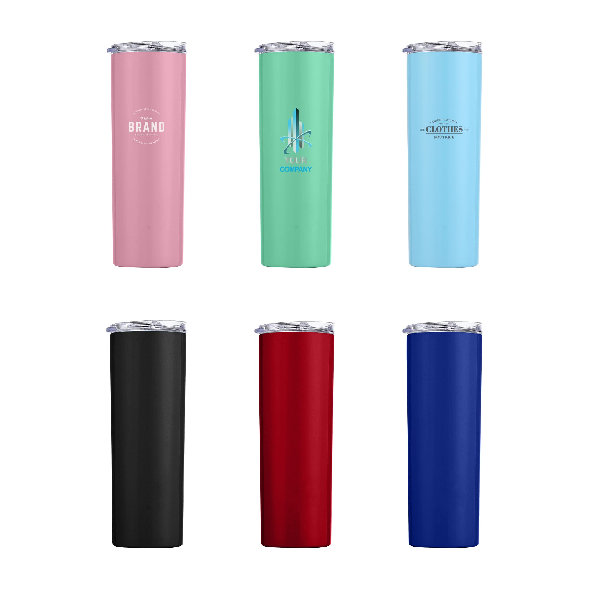 A drink bottle collection featuring six U-shaped double wall stainless steel cups in pink, mint, black, red, and blue, with lids and logos. 580ML U-shaped Double Wall Stainless Steel Cup with Lid - Image 1