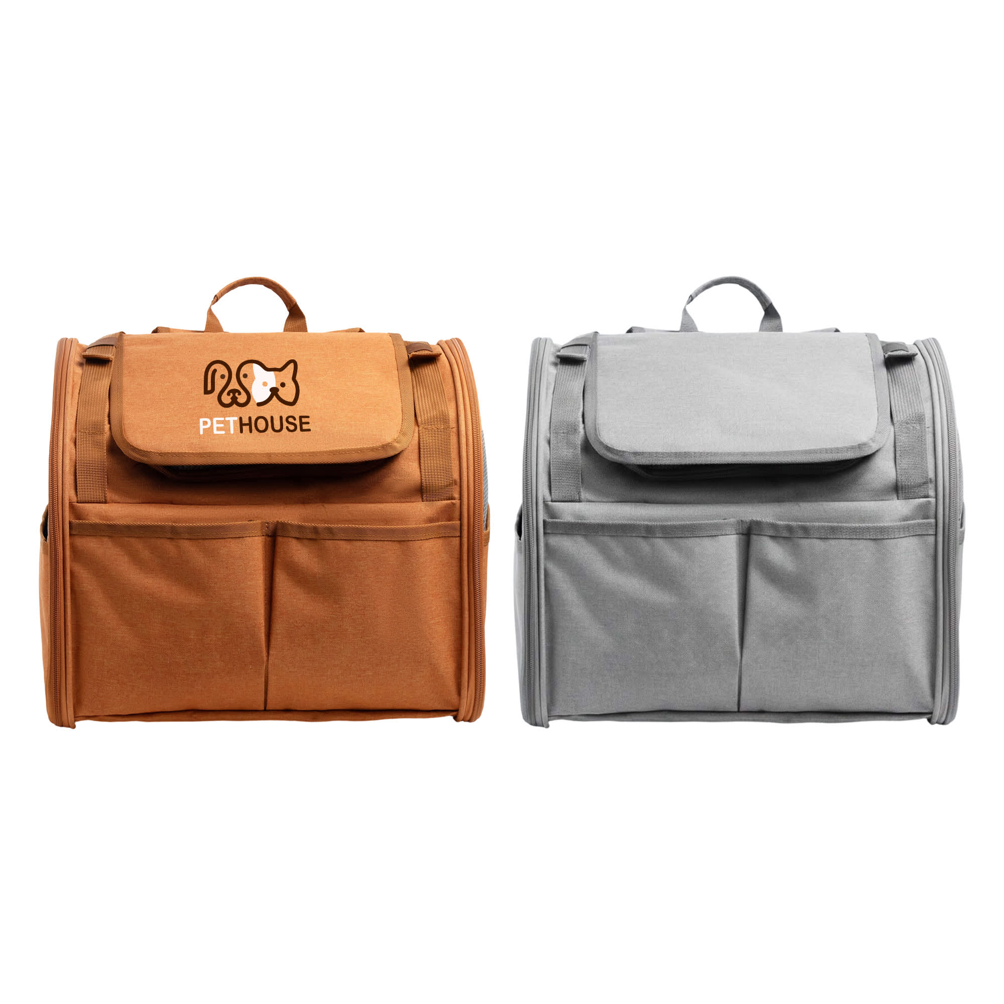 A pet backpack carrier in orange and grey, featuring a logo and expandable design. It has a front flap and pockets. Pet Backpack Carrier with Expandable Design - Image 1