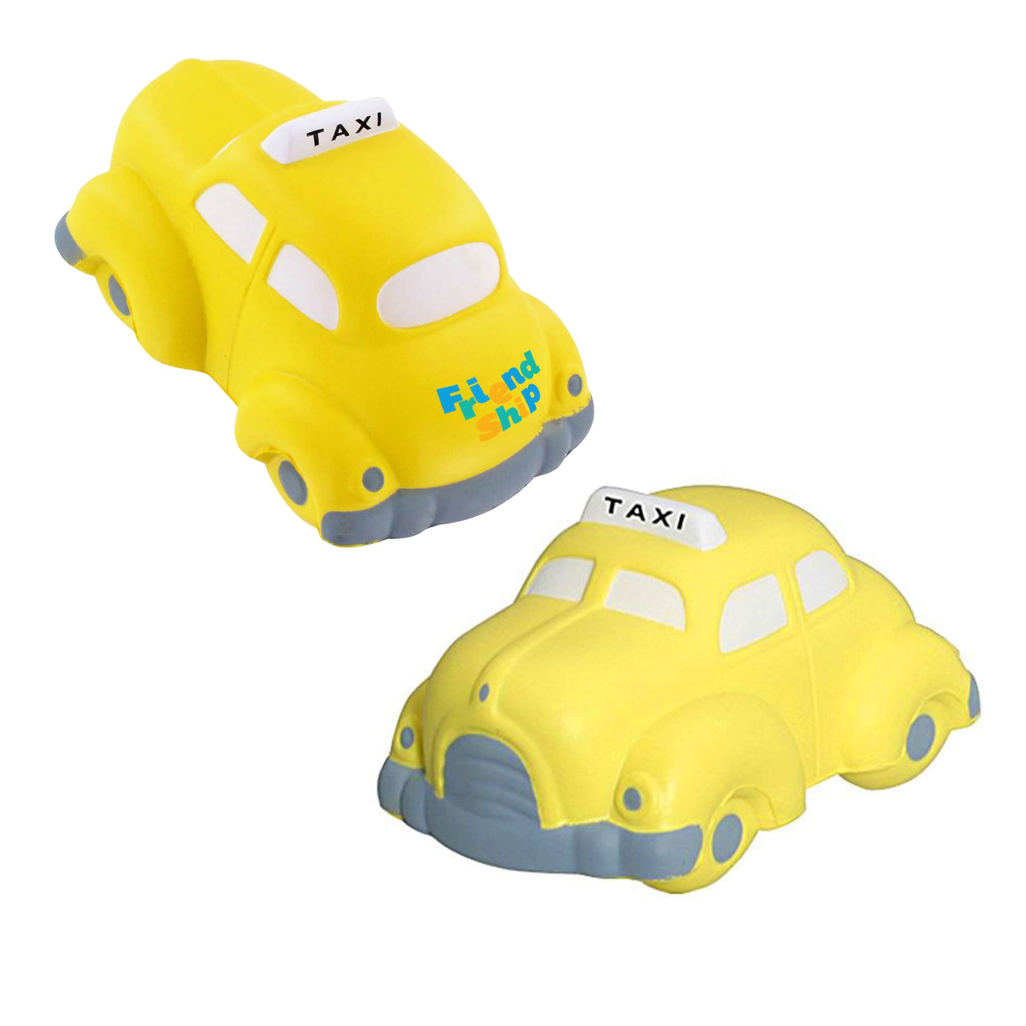 A yellow taxi-shaped stress reliever with grey accents and a logo on the top. Taxi Shape Stress Reliever - Image 1