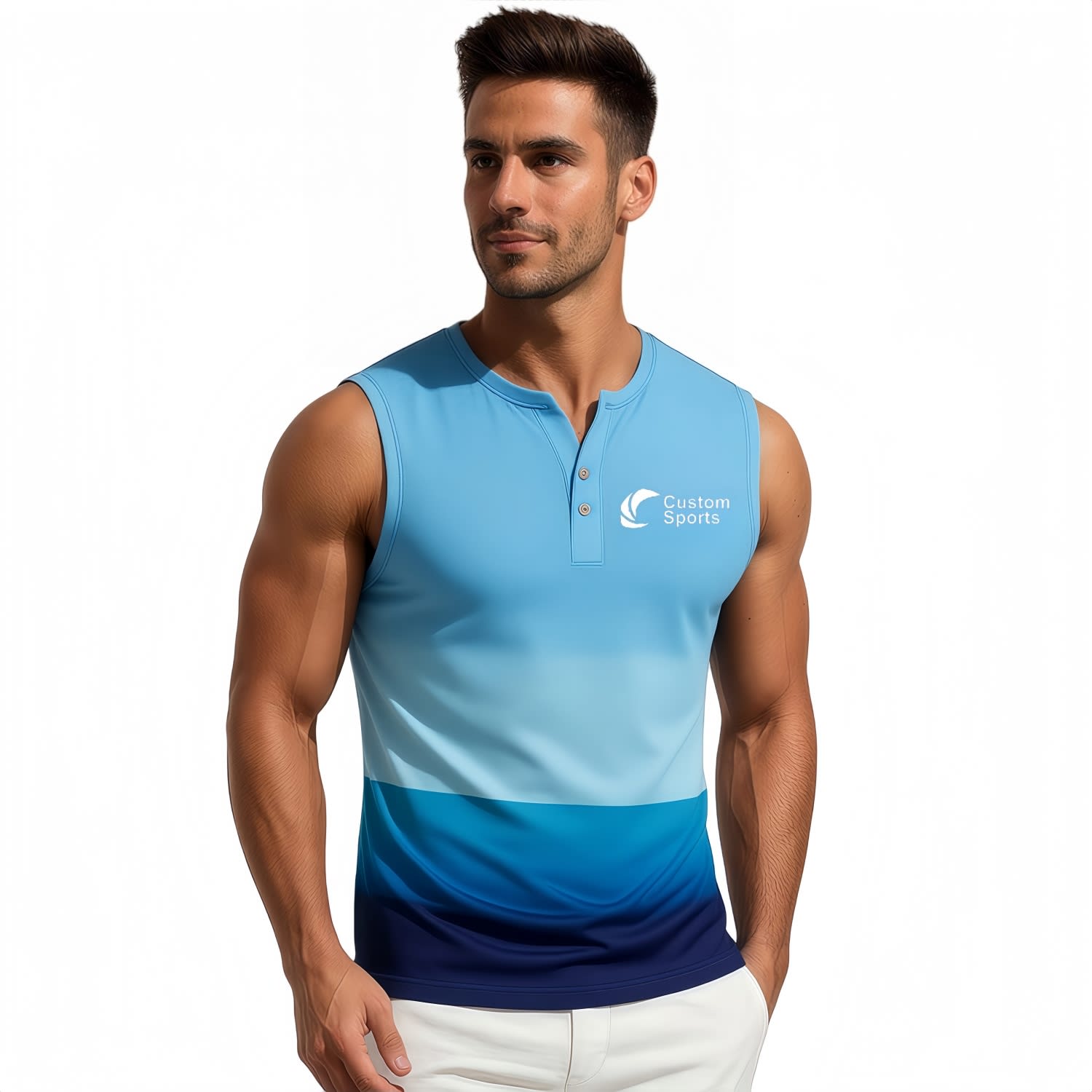 A men's small V-neck singlet in shades of blue with a buttoned front and a logo on the chest. 100% Polyester Micro Mesh Sublimated Small V-Neck Buttoned Singlet - Image 1