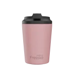 A drink bottle in pink with a black lid and a branding logo on the front. It has a capacity of 230ml.
