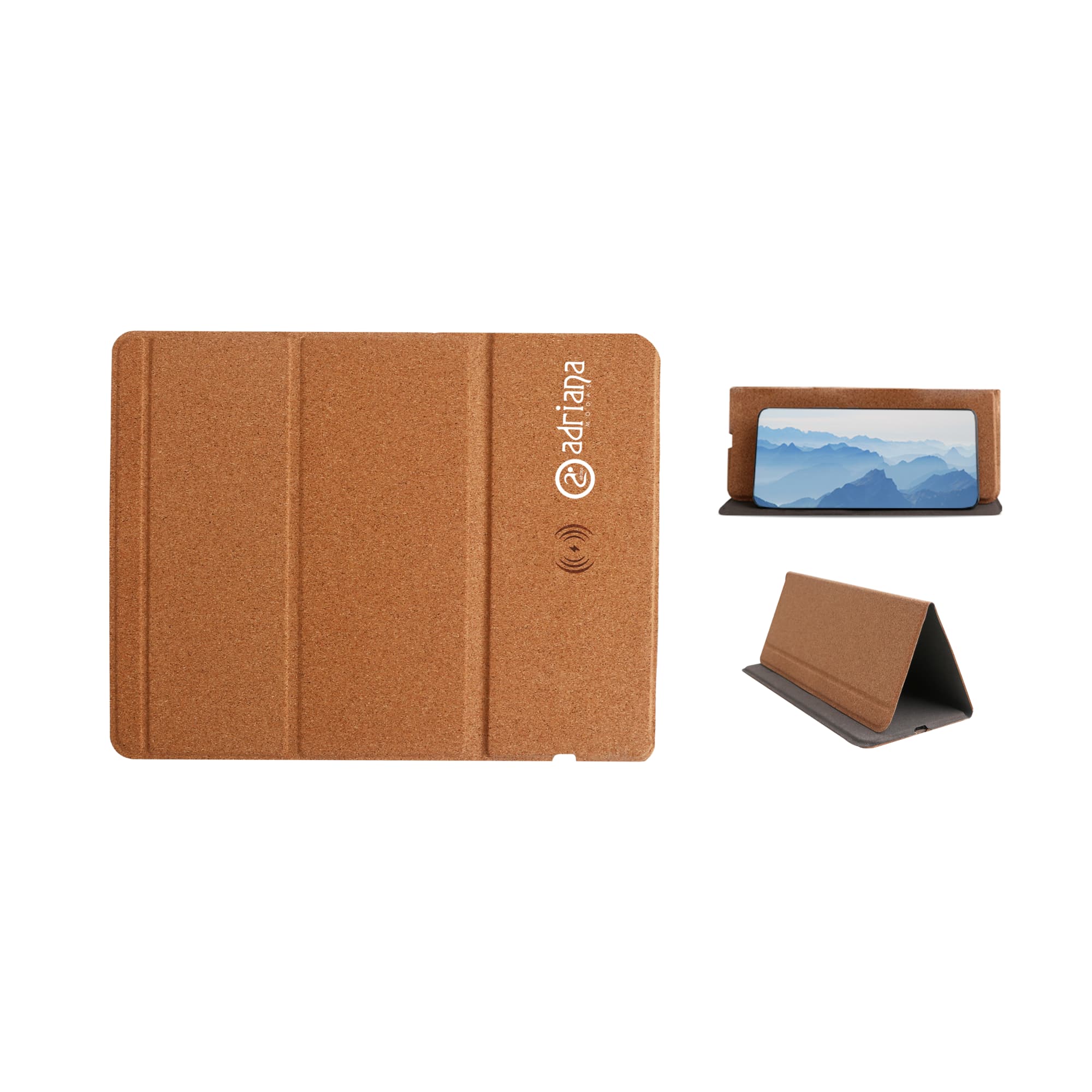 A foldable cork wireless charger in a natural cork colour, featuring a logo and a functional stand design. 10W Foldable Cork Wireless Charger - Image 1