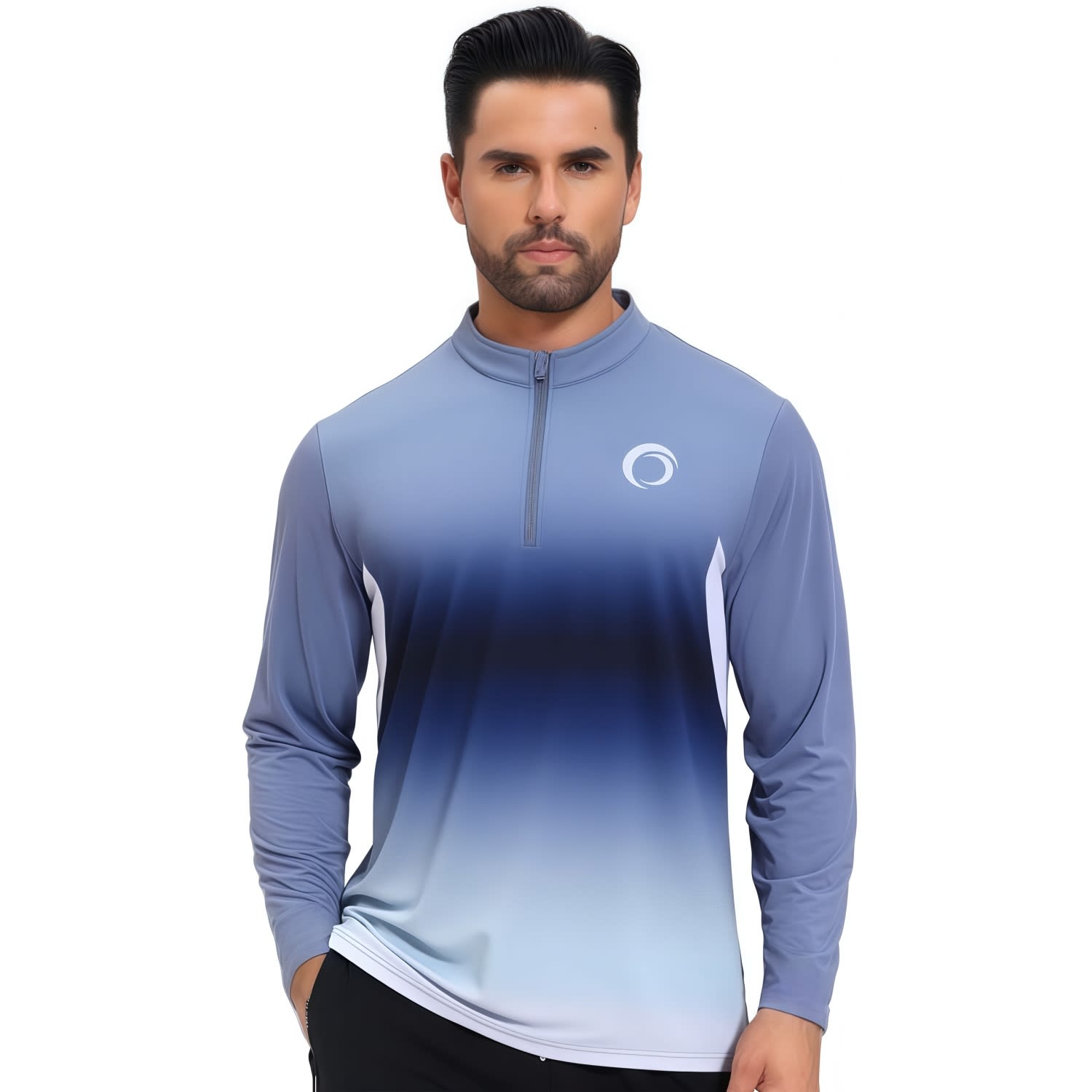 A long-sleeved shirt with a stand-up collar, featuring a blue gradient and a logo on the chest. Polyester Spandex Sublimated Stand-Up Collar 1/4 Zip Splicing Long Sleeves Shirt - Image 1