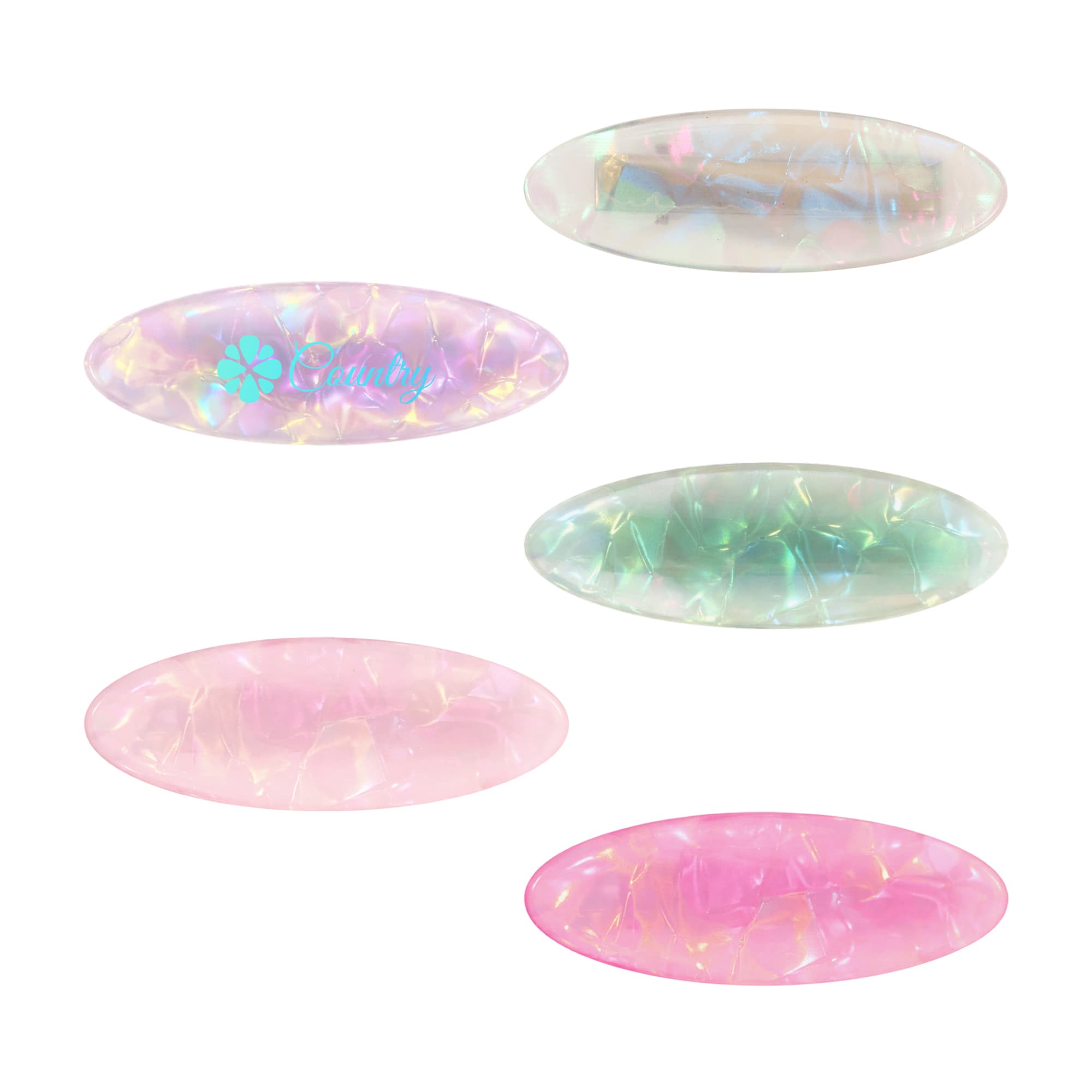 An assortment of oval iridescent alligator hair clips in pink, green, and transparent colours, featuring a logo on one. Oval Iridescent Alligator Hair Clip - Image 1