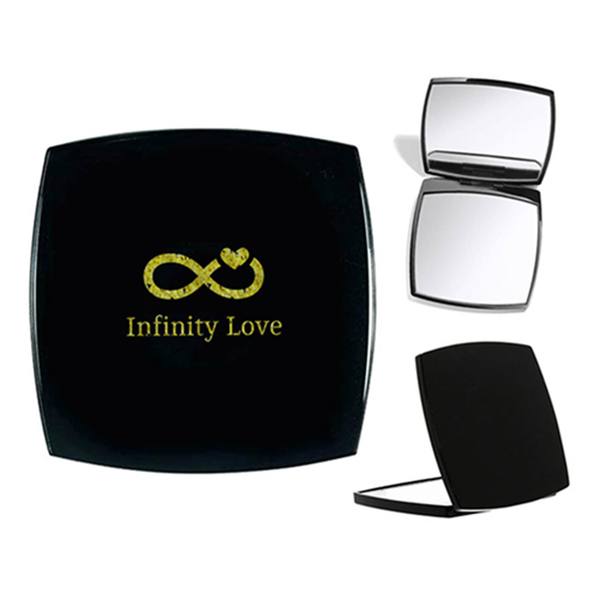 A compact mirror in black with a gold infinity symbol and text. Contains two reflective sides and a branding logo. Remo Compact Mirror - Image 1