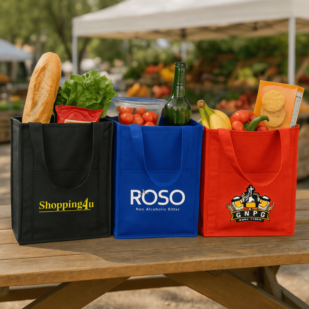 Three insulated grocery totes in black, blue, and red, filled with various groceries including fruits, vegetables, and a drink bottle. Goliath Insulated Grocery Tote - Image 1