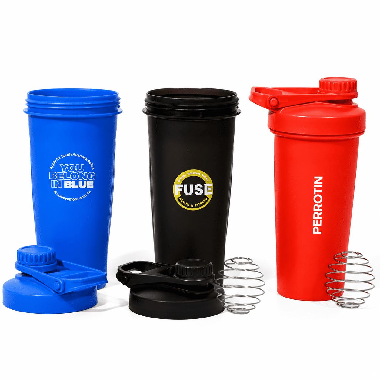 Three protein shaker cups in blue, black, and red, each with a lid and a mixing whisk inside. Each has a logo. Power 600ml Shaker Cup - Image 1