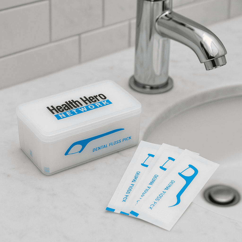A container of dental floss picks in a white box with blue accents. Includes individual packets next to the box. Dente Floss 25pk - Image 1