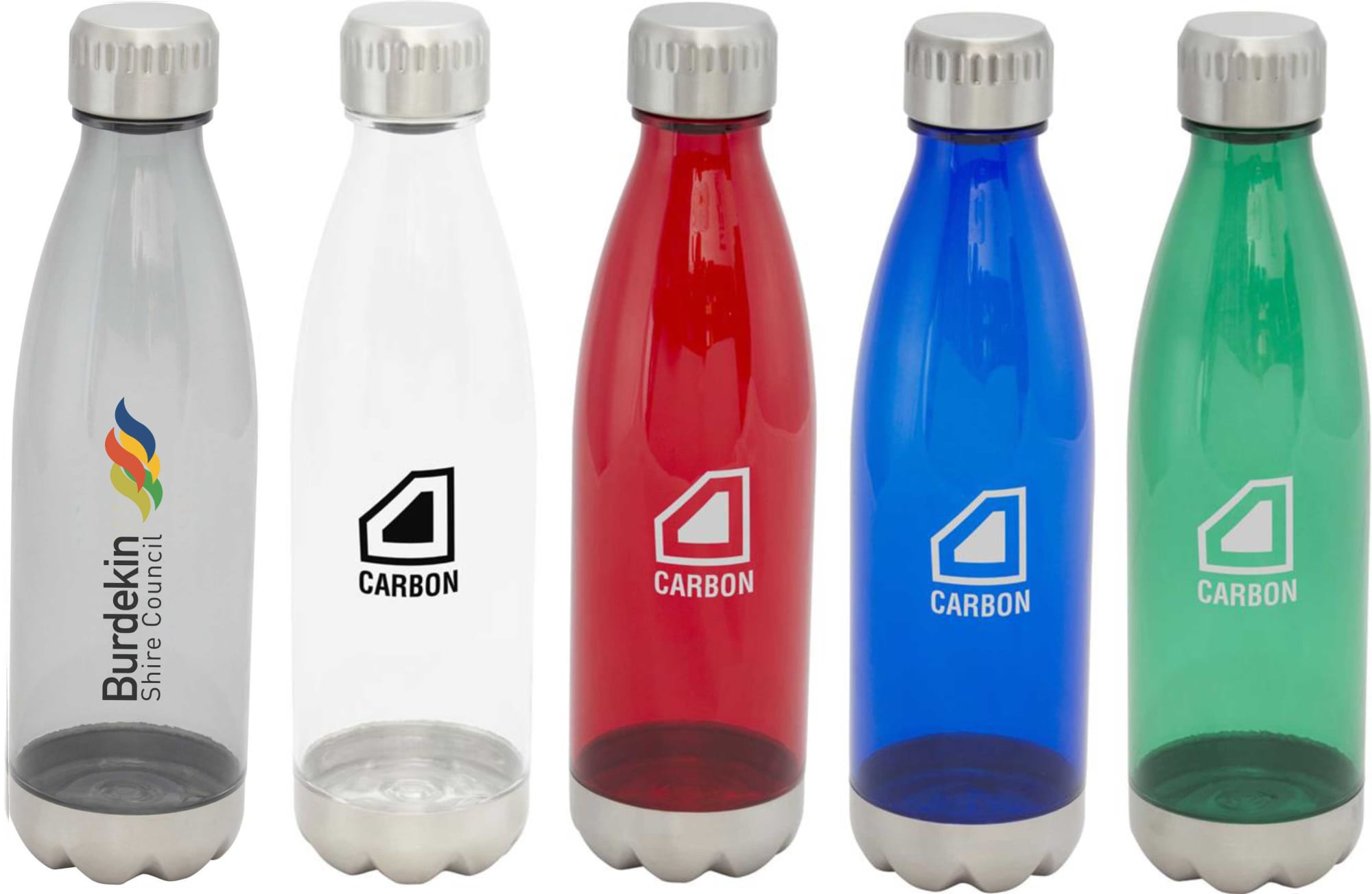 A drink bottle collection featuring clear, red, blue, and green bottles, all with a logo. Chicago Water Bottle - Image 1